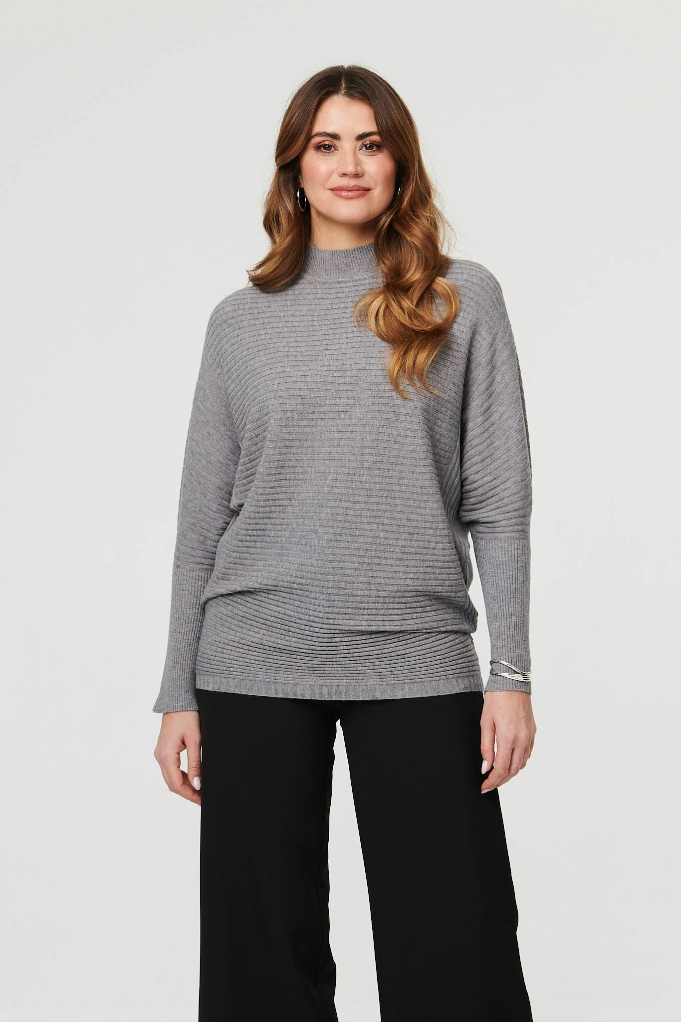 Izabel London Grey Striped Texture High Neck Relaxed Jumper - M/L