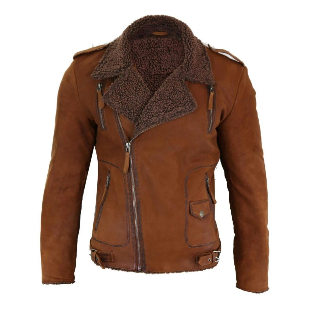 Aviatrix Men's Black/Brown Cross Zip Leather Biker Jacket Fleece Lined Fitted - Tan - 5XL