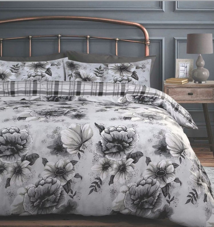 Rackhams Grey Cassia Floral Reversible Printed Cotton Blend Duvet Cover And Pillowcase Set - King