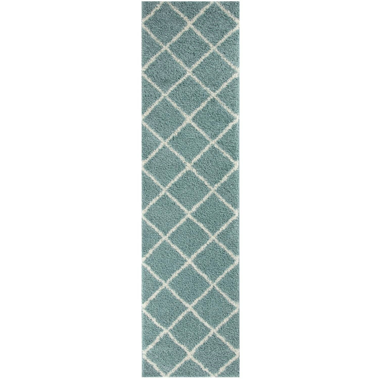 THE RUGS Shaggy Rug – Modern Moroccan Design Rugs for Living Room, Bedroom, Hallway, 3 cm Thick Area Rugs, (Diamond Duck egg blue/Ivory, 80x300cm) - Image 3