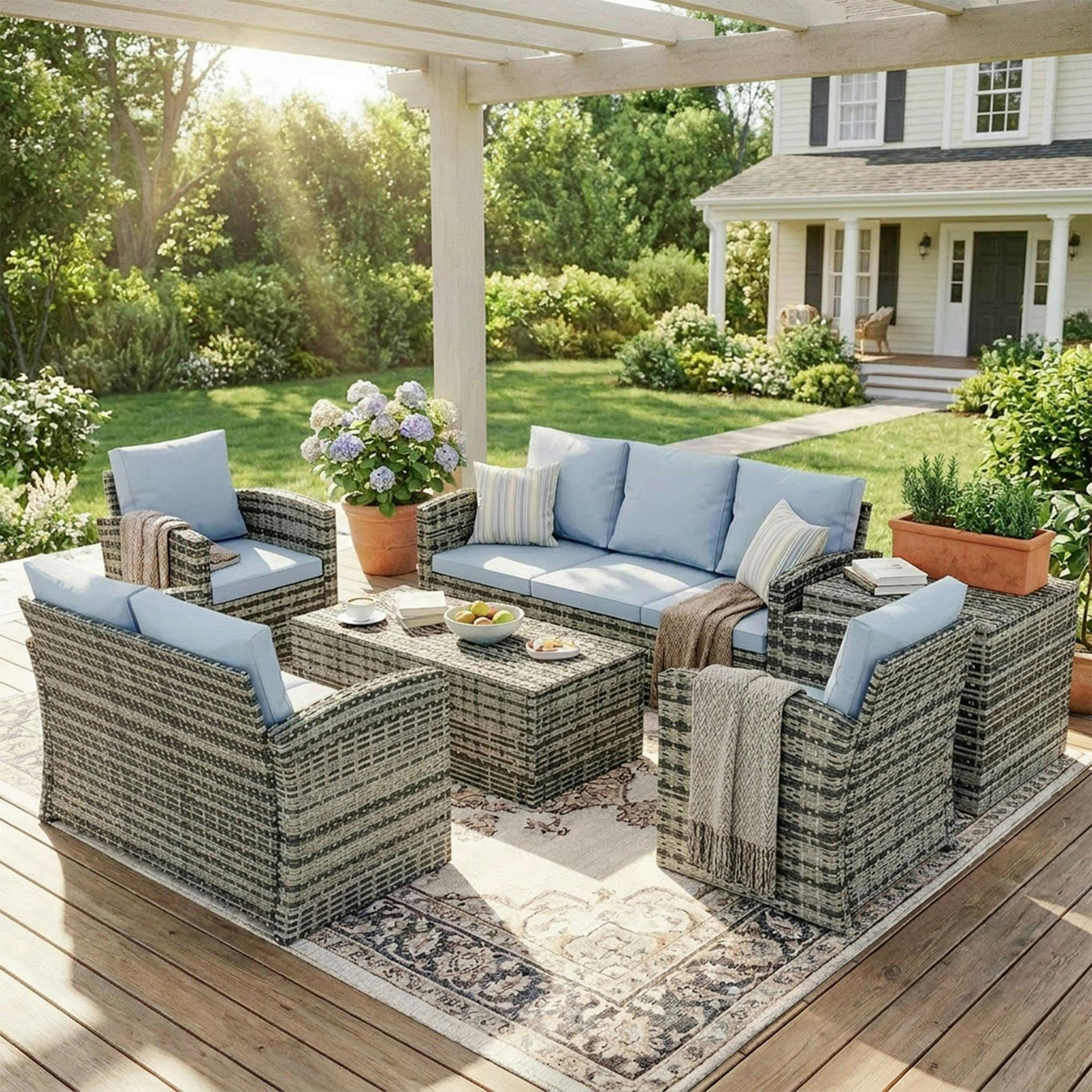 Rackhams Grey 6 Pcs Patio Rattan Sofa Set Conversation Furniture