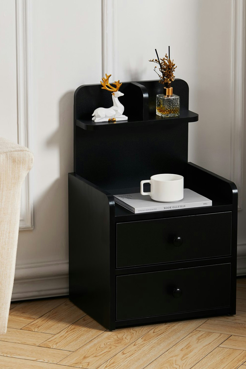 Rackhams Black 2 Drawer Wooden Bedside Table