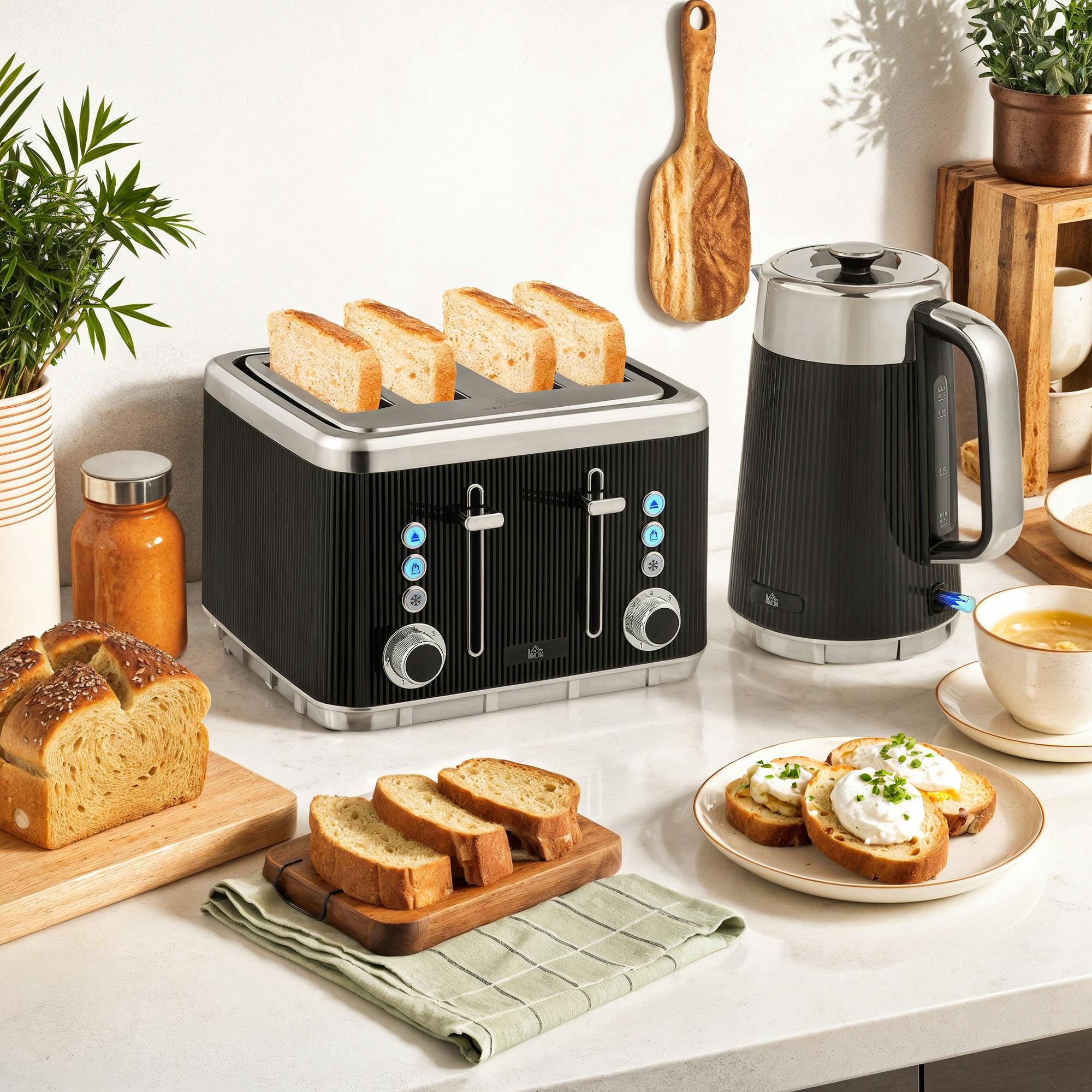 Homcom Black 1.7L 3000W Rapid Boil Kettle And 4 Slice Toaster Set Crumb Tray