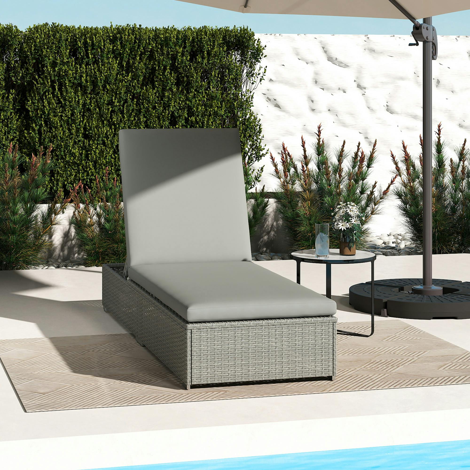 Outsunny Light/Grey Patio Rattan Chaise Lounge Garden Pool Wicker Sun Lounger Adjustable - 195 X 60 X 30 Cm - 1 - Galvanised Metal, Pe Rattan, Polyester, Cotton