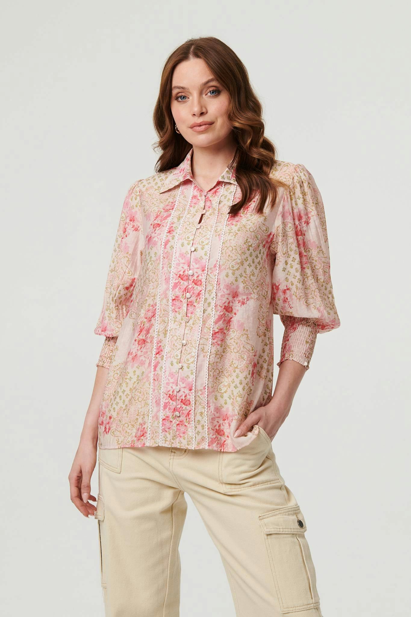 Izabel London Pink Floral Lace Trim 3/4 Puff Sleeve Shirt - 12