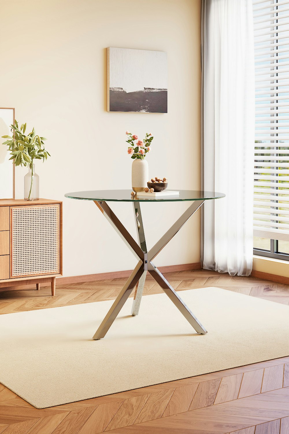 Rackhams Light Modern Clear Tempered Glass Dining Table Coffee Table With Chrome Three-Way Crossed Legs - Clear