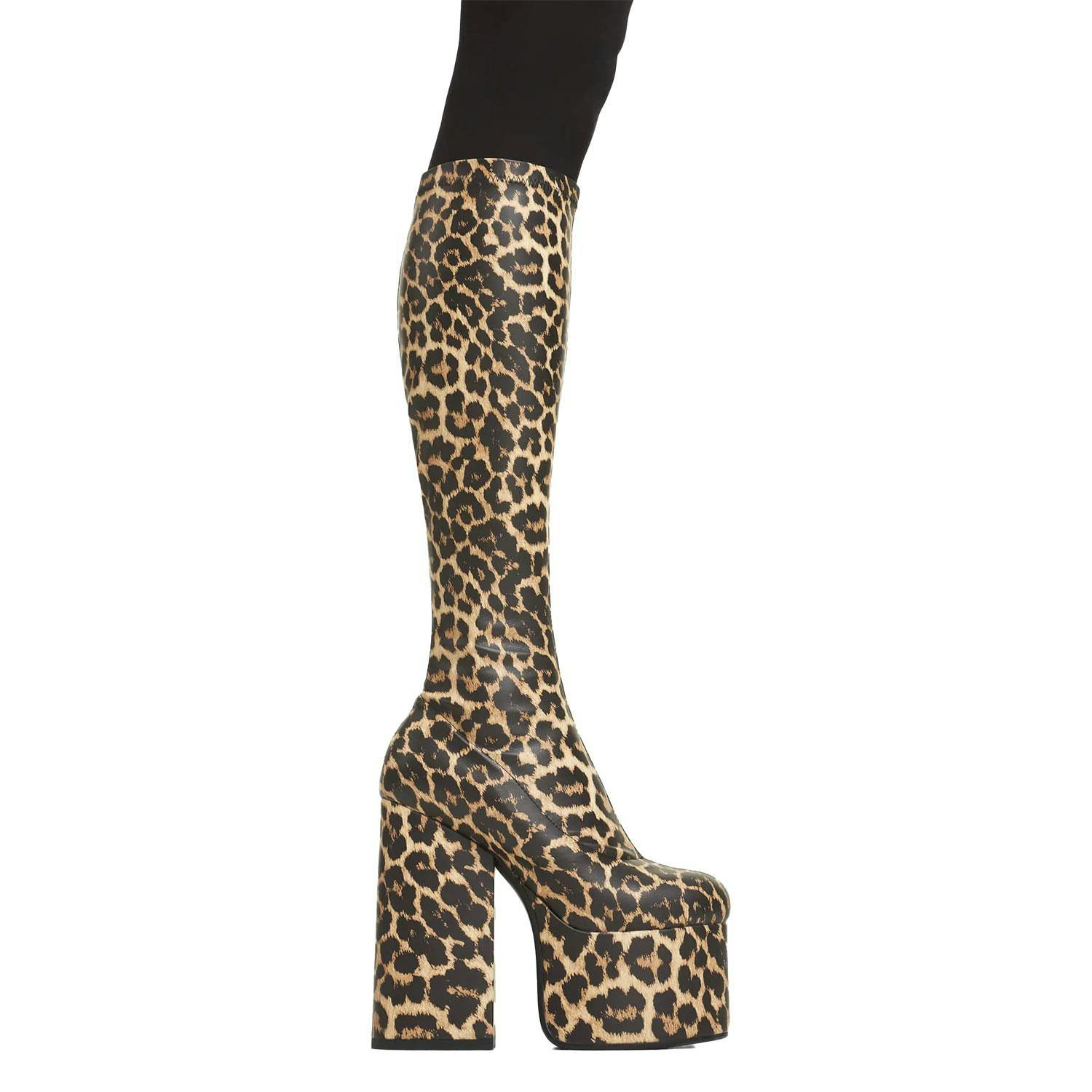 Lamoda Women's Brown Messenger Leopard Stretch Pu Knee High Boots Stylish - Uk9