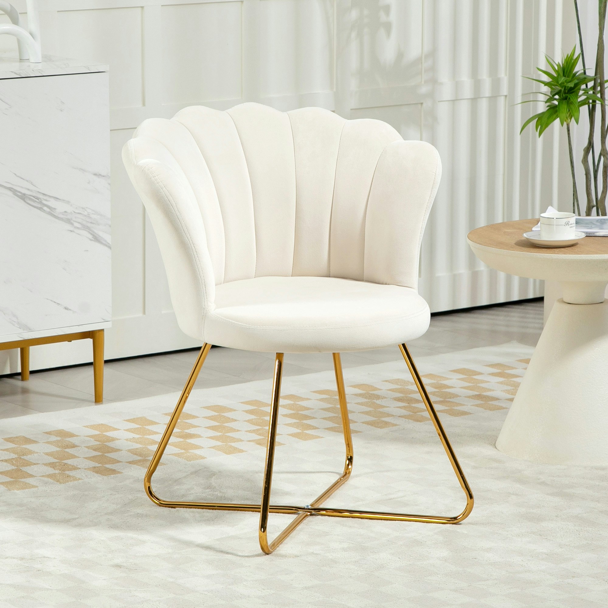 Rackhams Cream Accent Chair, Velvet Armchair With Lotus Backrest, Steel Legs, - Modern - 1