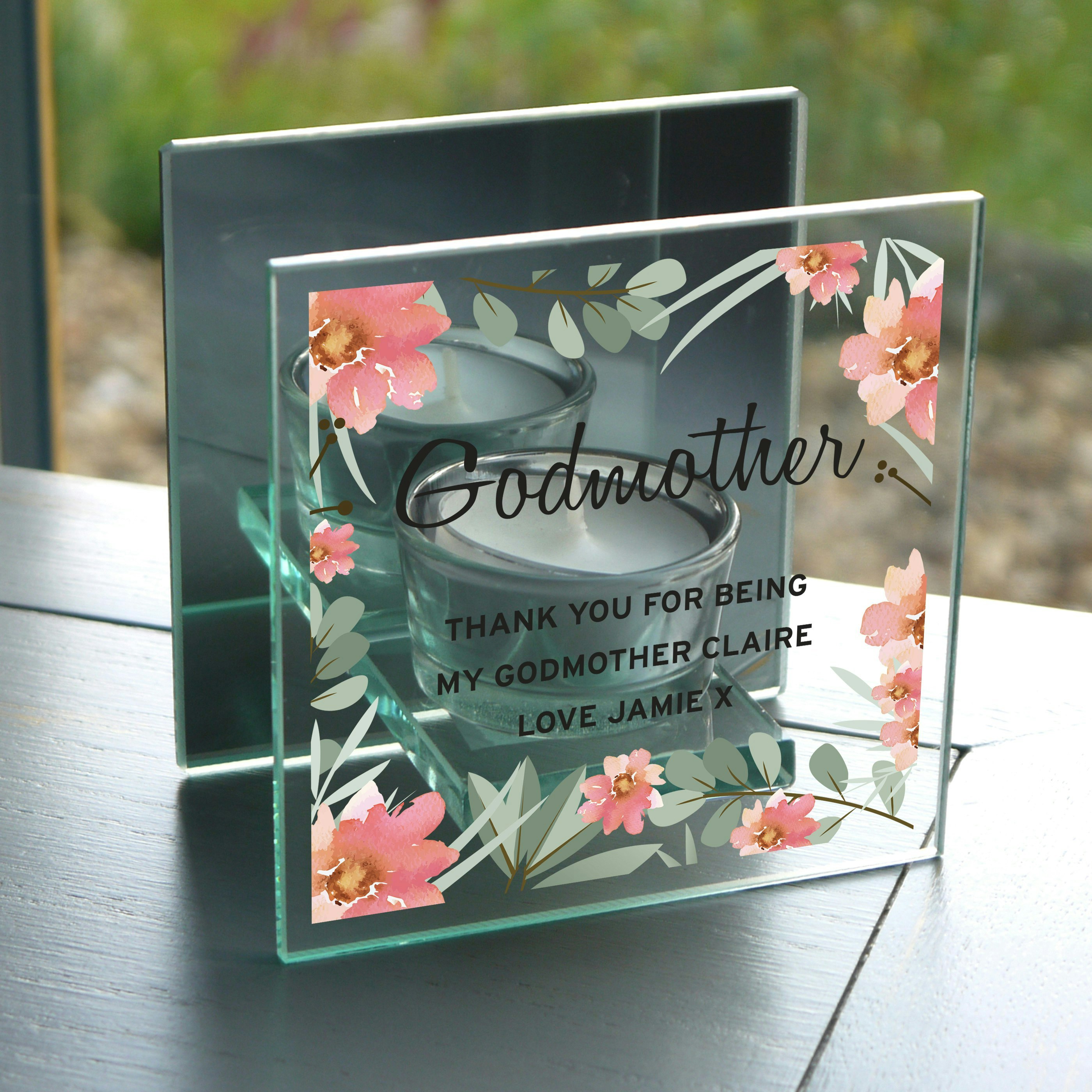 Rackhams Light Personalised Floral Sentimental Mirrored Glass Tea Candle Holder