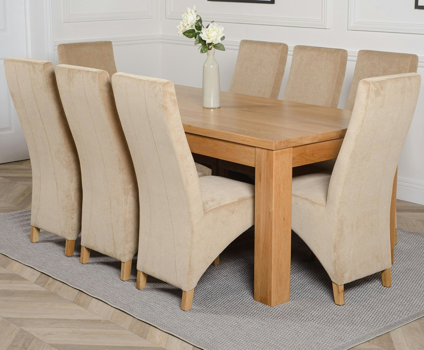 Rackhams Beige Dakota Large Oak Dining Table With Lola Fabric Chairs - 8 Chairs