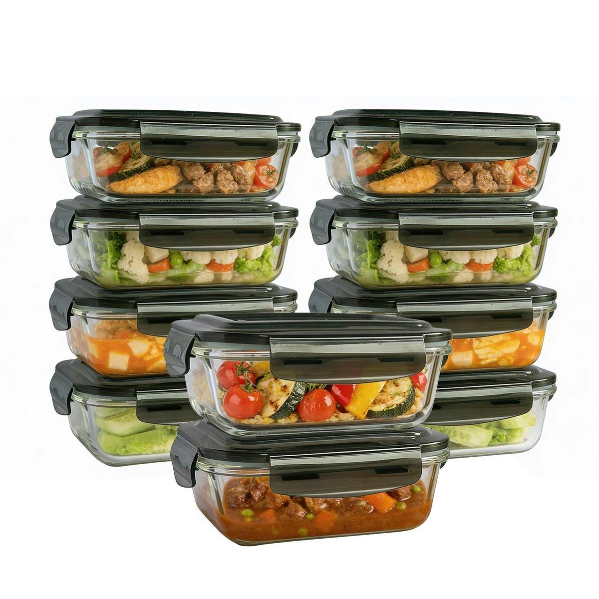 Rackhams Black 380Ml Meal Prep Glass Containers With Lids Airtight Microwave & Dishwasher Safe Takeaway Containers - Glass, Plastic - Pack Of 10 - Clear