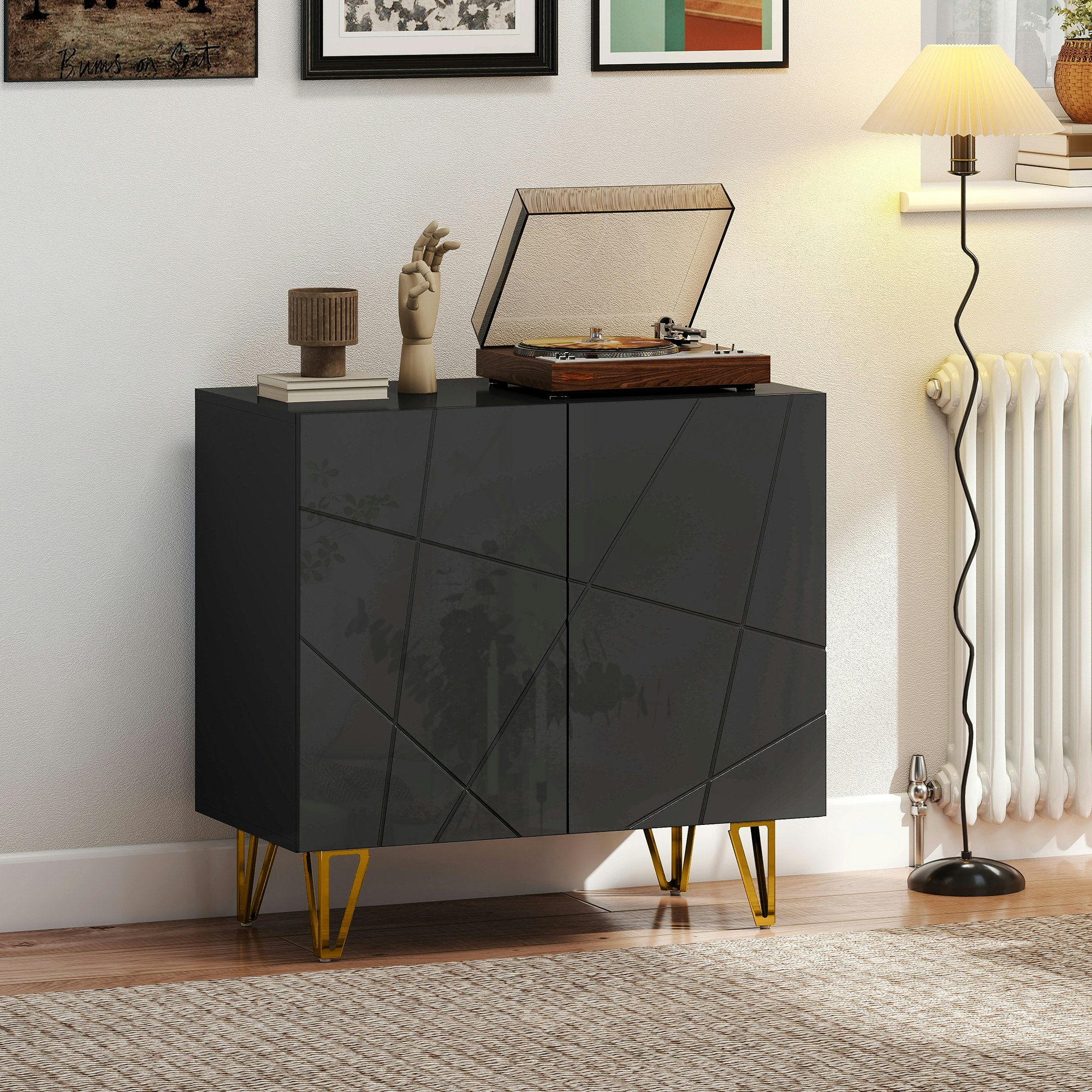 Rackhams Black Storage Cabinet, Sideboard With Adjustable Shelf, - High Gloss - Sideboard