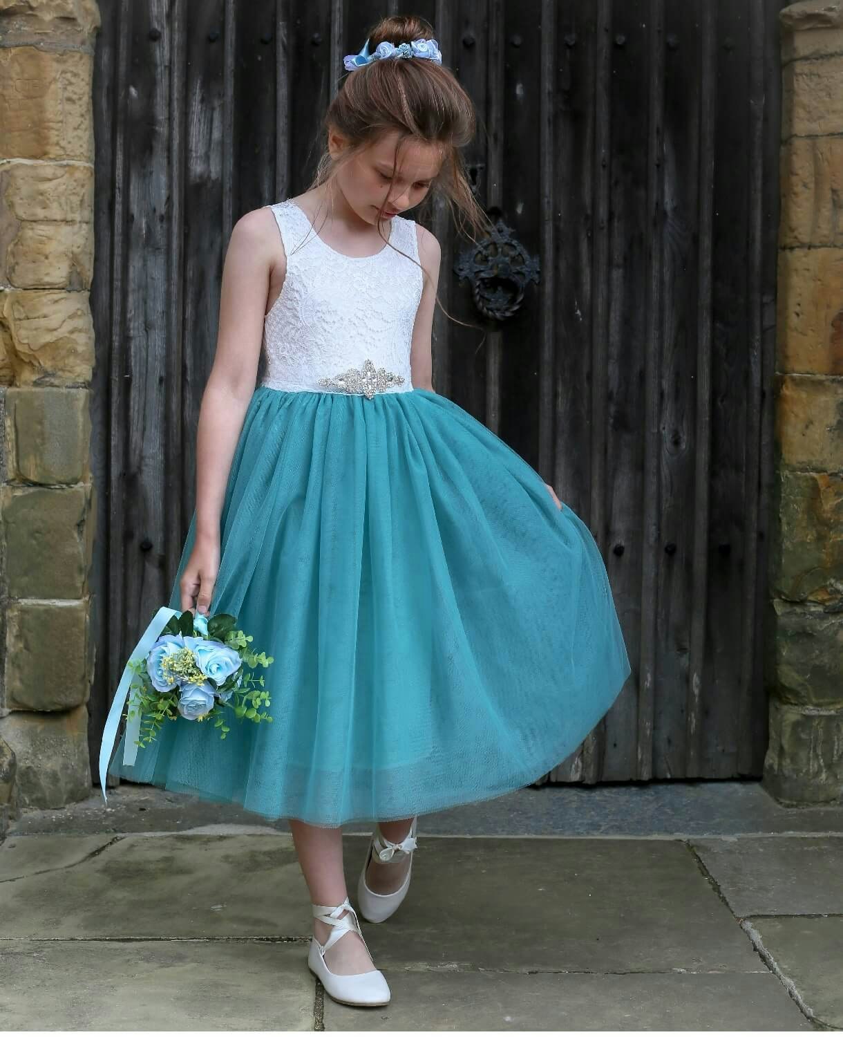 Uk Flower Girl Boutique Girls White Uk Flower Boutique Bohemian Classic Dress - Teal Tea Length - 7/8 Years