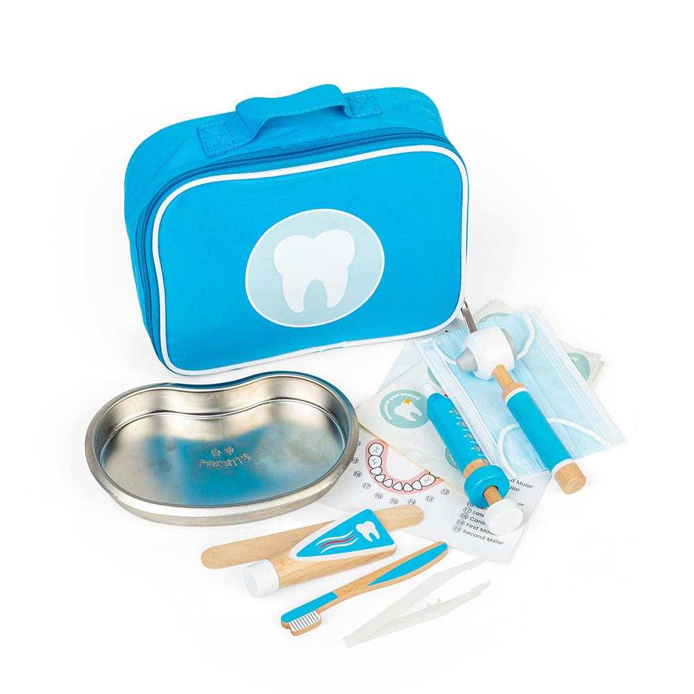 Bigjigs Toys Blue Dentist Set - 12 Piece Wooden Dentist Kit For Kids With Carry Bag