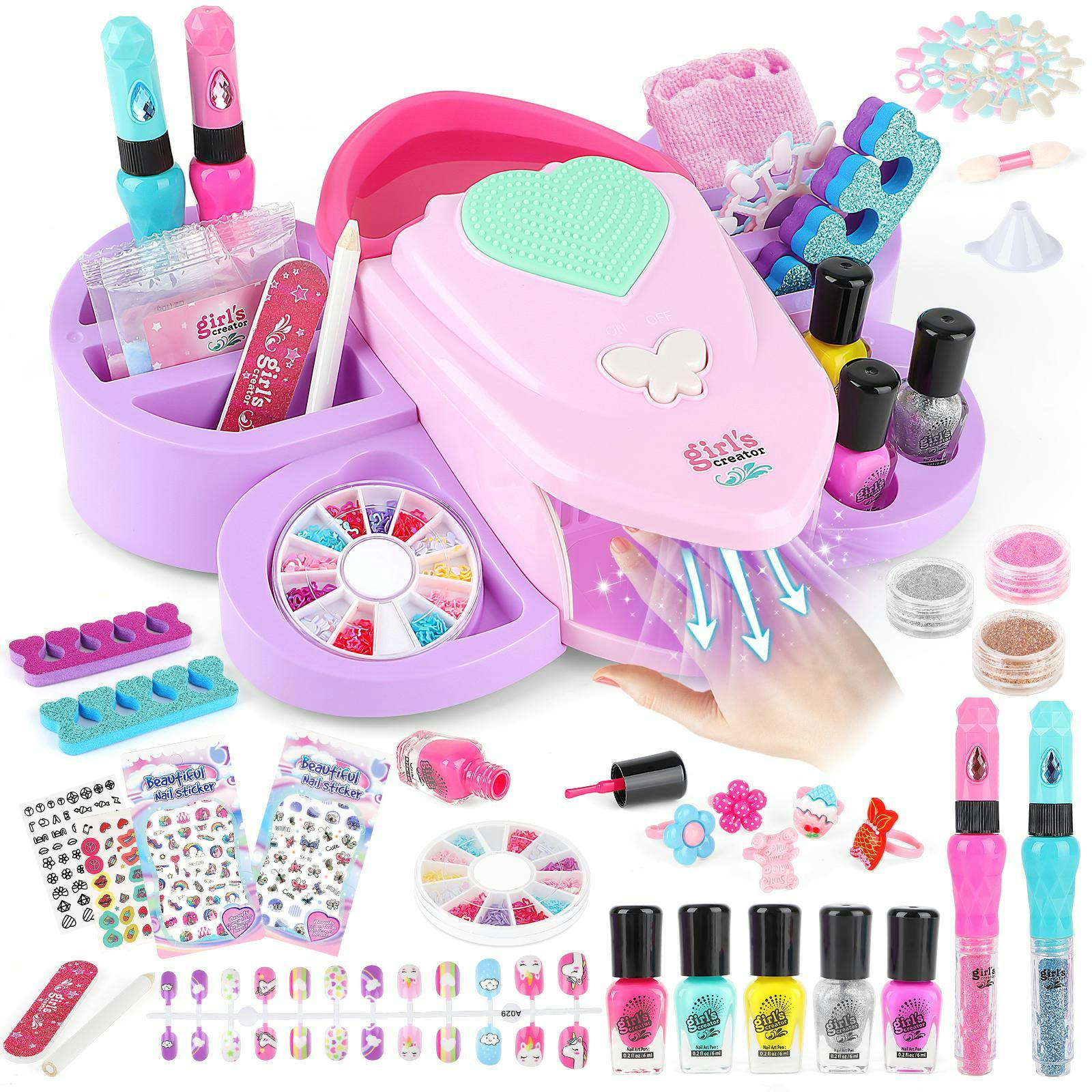 Deao Toys Girls Purple Children’s Manicure Set - Nail Salon Toy With Nail Stickers, Rings, Glitter, Sponge, Brush & Accessories