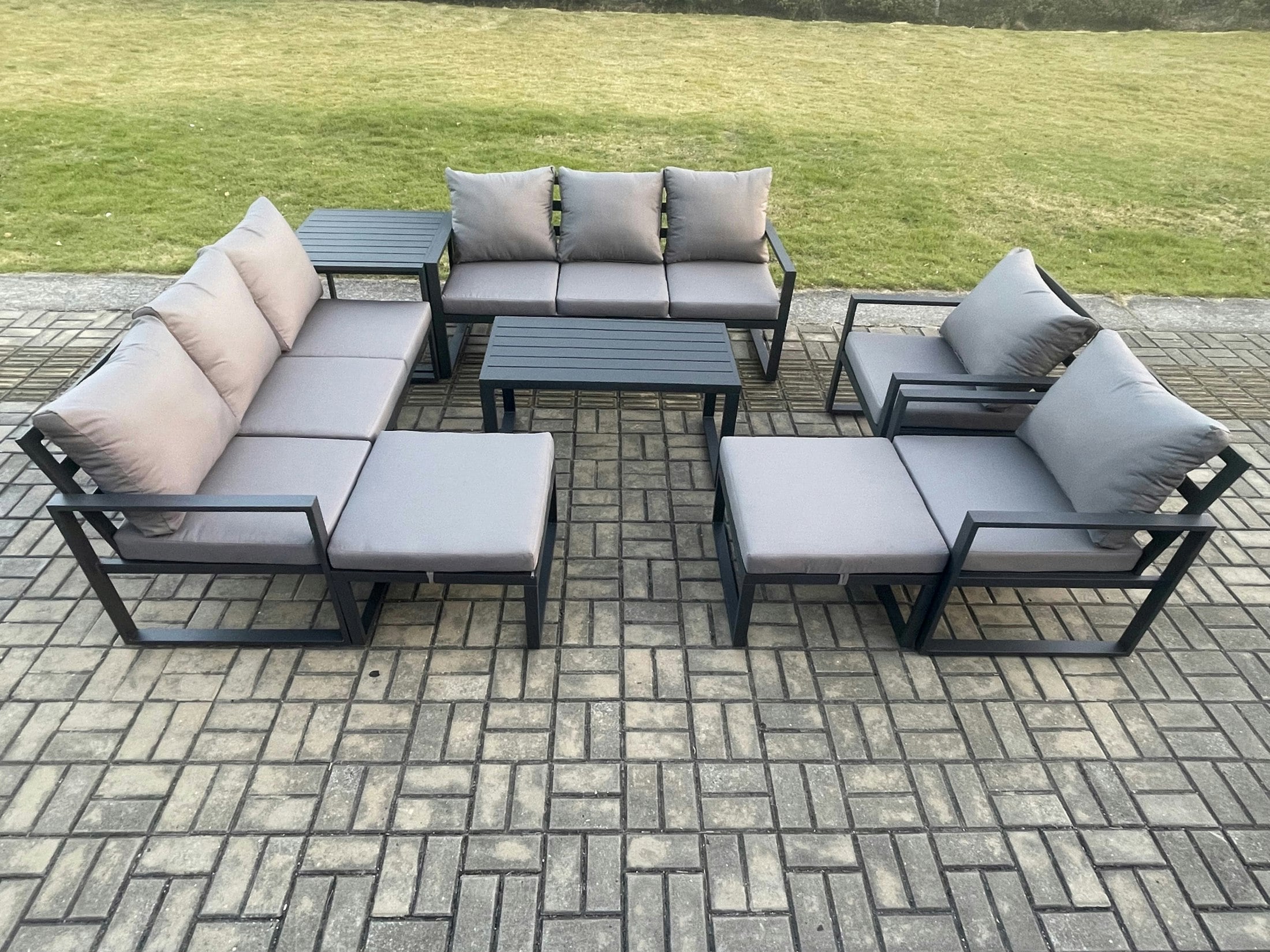 Fimous Dark/Grey Aluminium Outdoor Garden Furniture Lounge Sofa 2 Pc Chairs Oblong Coffee Table Sets With Side Table 2 Big Footstool