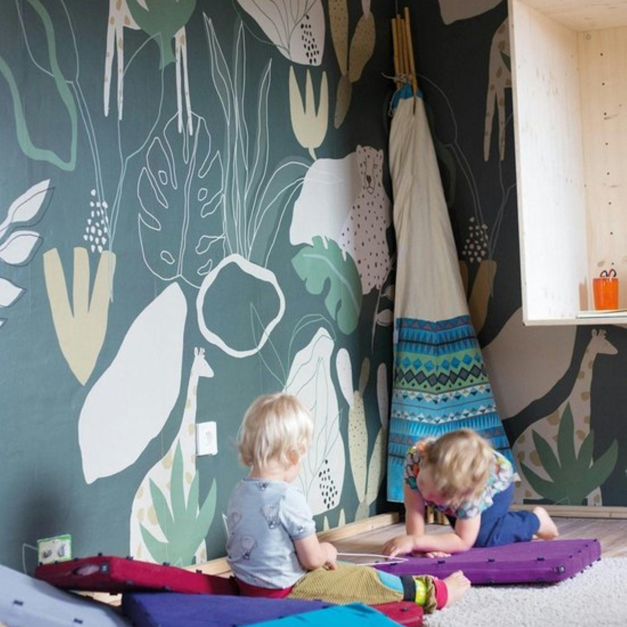 Rackhams Dark/Green Nursery Safari Jungle Kids Eco 4 Lane Repeatable Wallpaper Mural 200 X 285Cm,