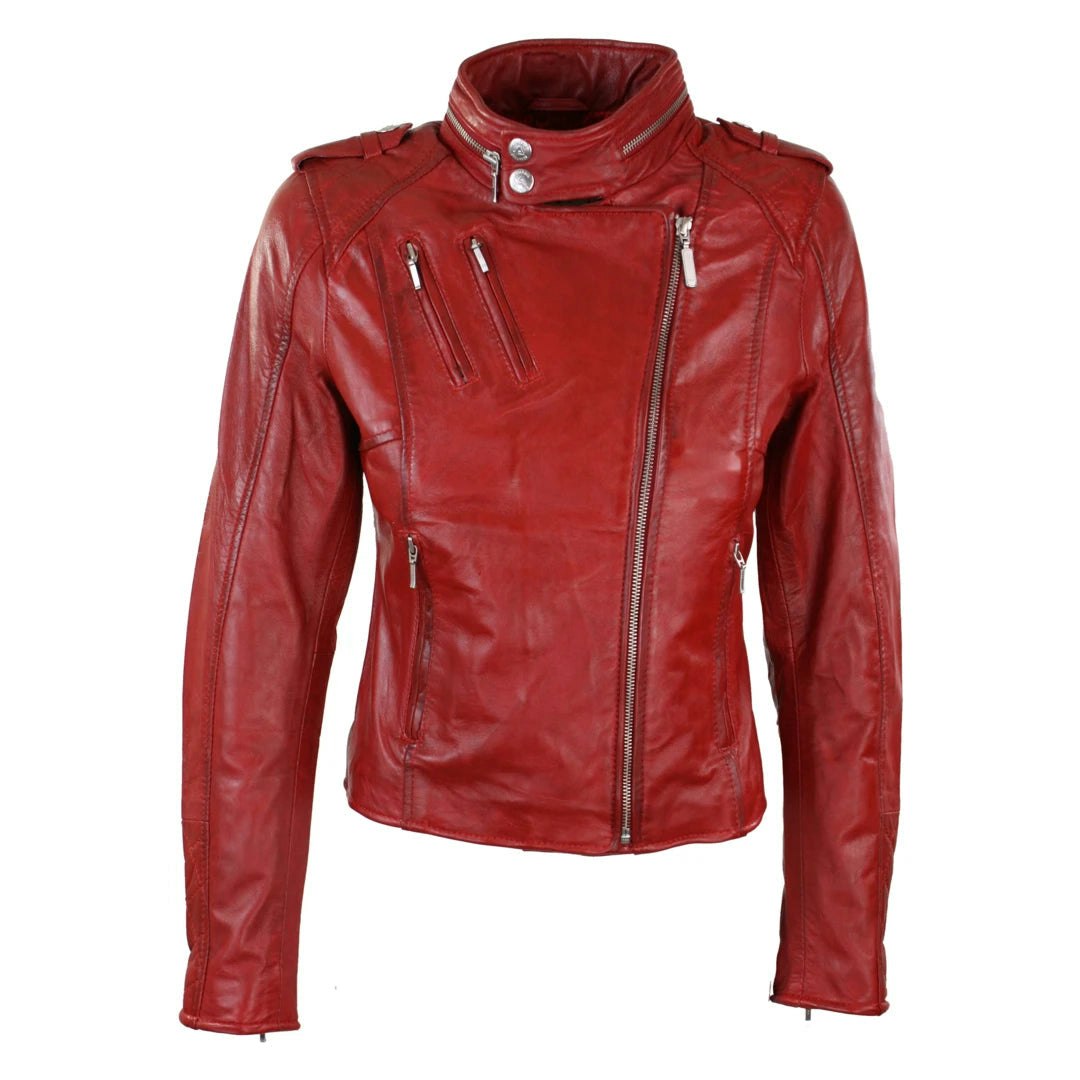 Aviatrix Women's Red Leather Biker Jacket Velvet Lining - Uk 12