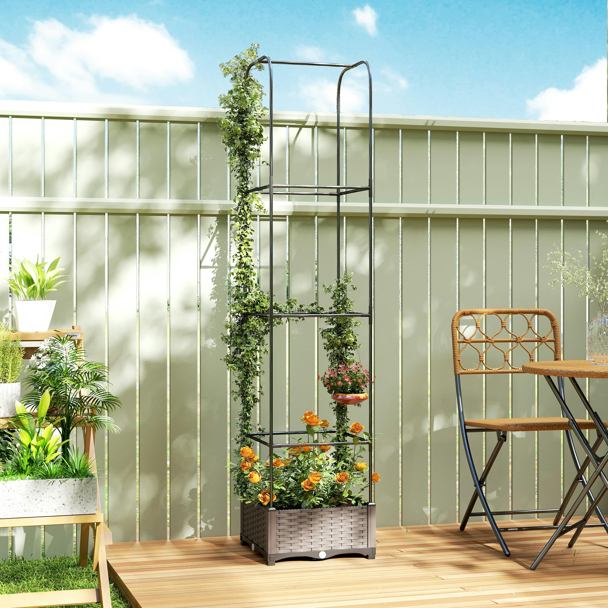 Rackhams Black Raised Garden Bed With Trellis And Drainage Holes, Drain Plugs