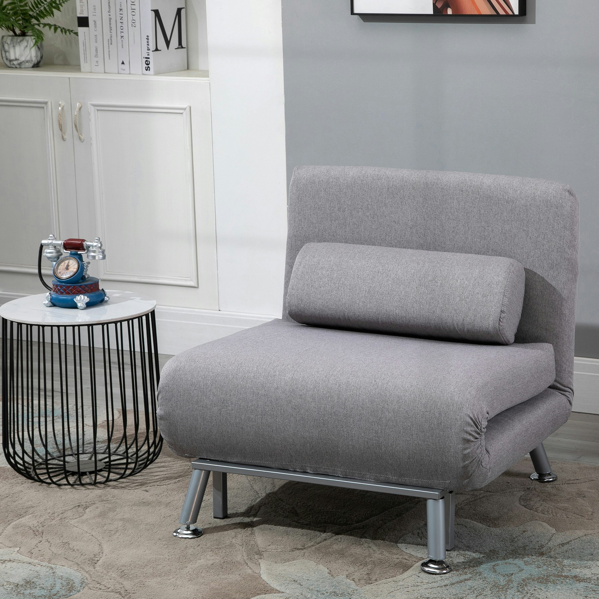 Homcom Grey Folding 5 Position Convertible Sleeper Chair Sofa Bed - Linen - 1 Seater