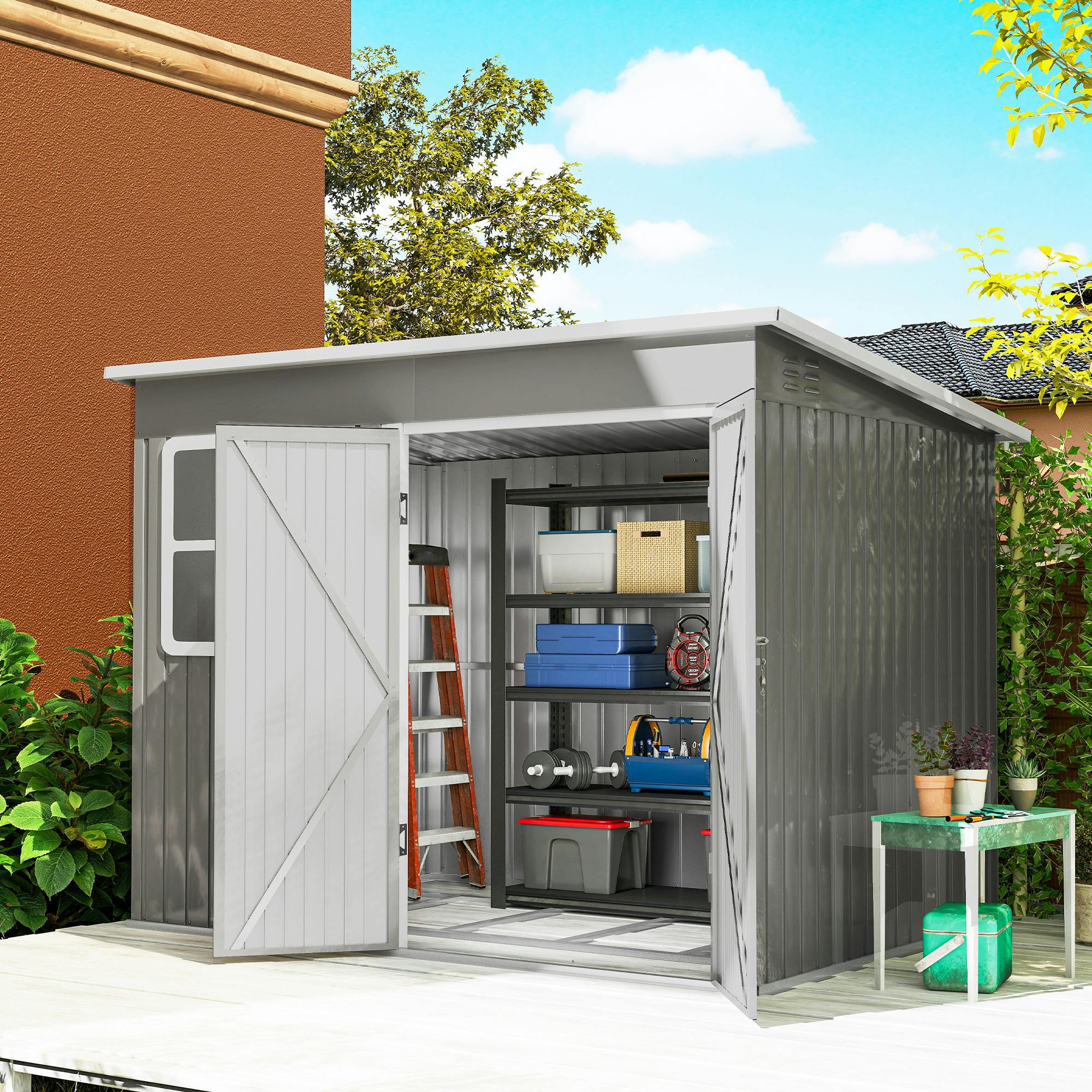 Outsunny Grey 8.5 X 6Ft Galvanised Steel Garden Shed With Foundation Kit,