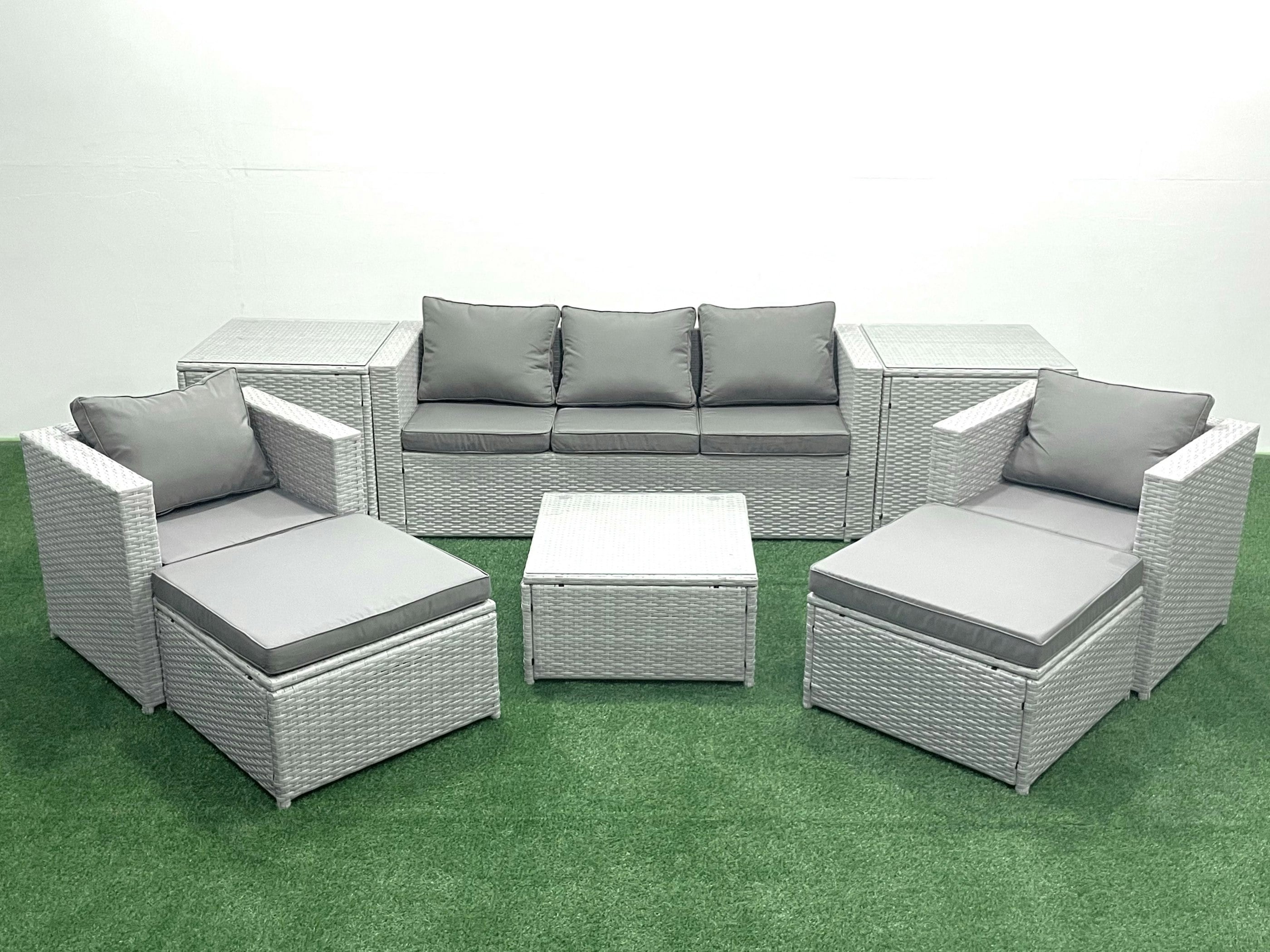 Rackhams Light/Grey 7 Seater Rattan Garden Furniture Set With 3 Seater Sofa 2 Chair Square Coffee Table 2 Big Footstools 2 Side Tables Mixed