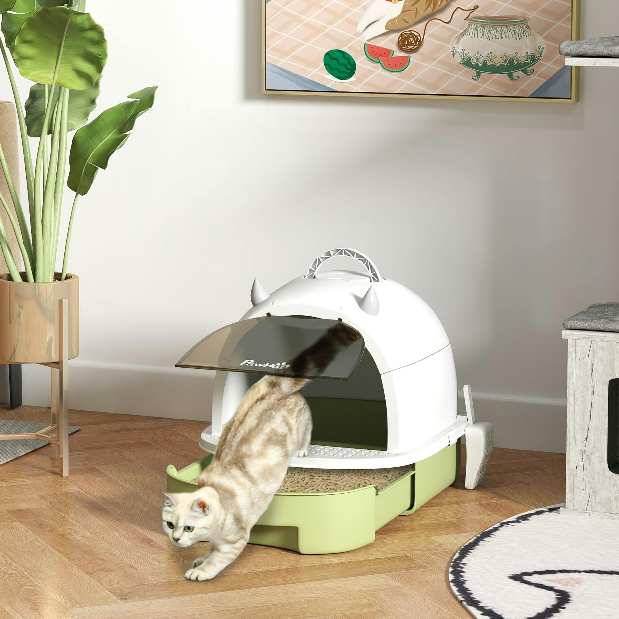 Pawhut Green/White/Black Cat Litter Tray W/ Lid, Enclosed Cat Litter Box W/ Pull-Out Drawer