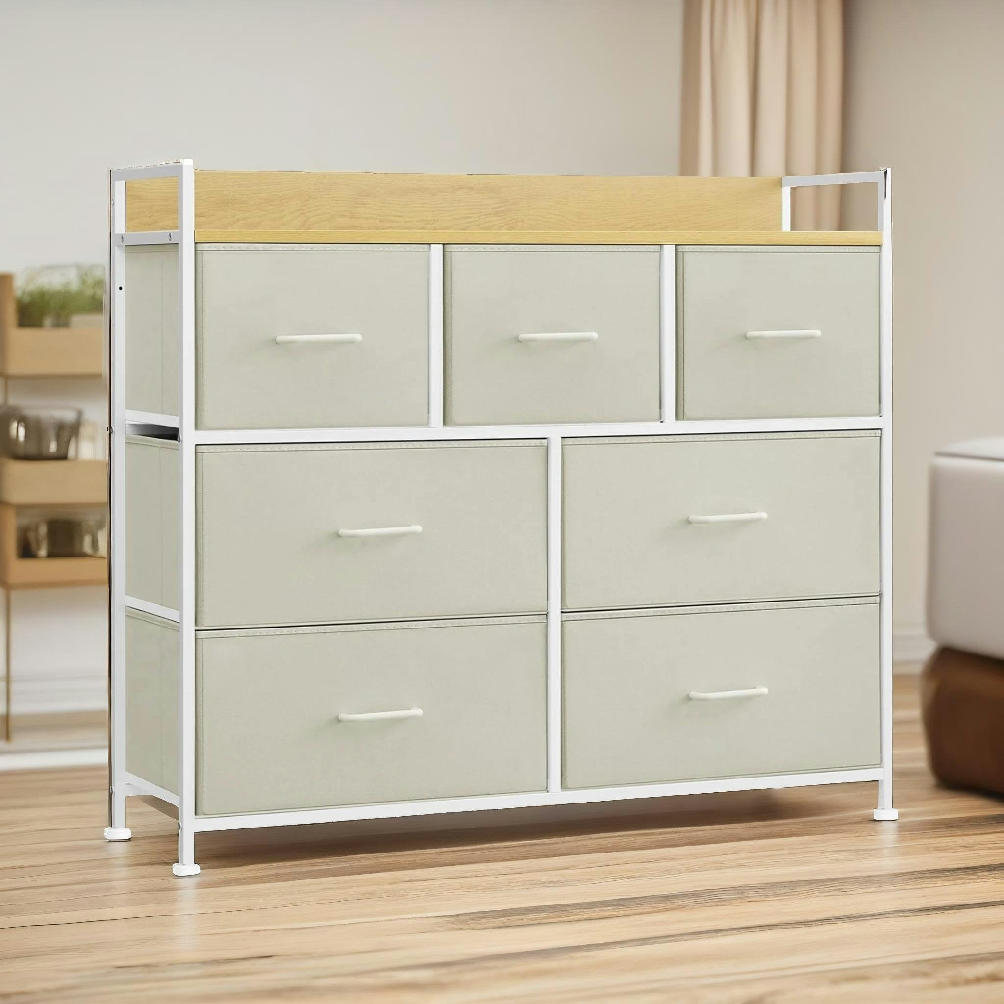 Rafaelo Mobilia Cream Industrial Bedroom Chest With 7 Fabric Drawers