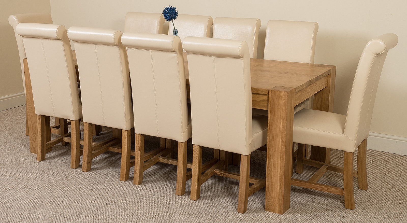Rackhams Ivory Kuba Extra Large Oak Dining Table With Washington Leather Chairs - 10 Chairs