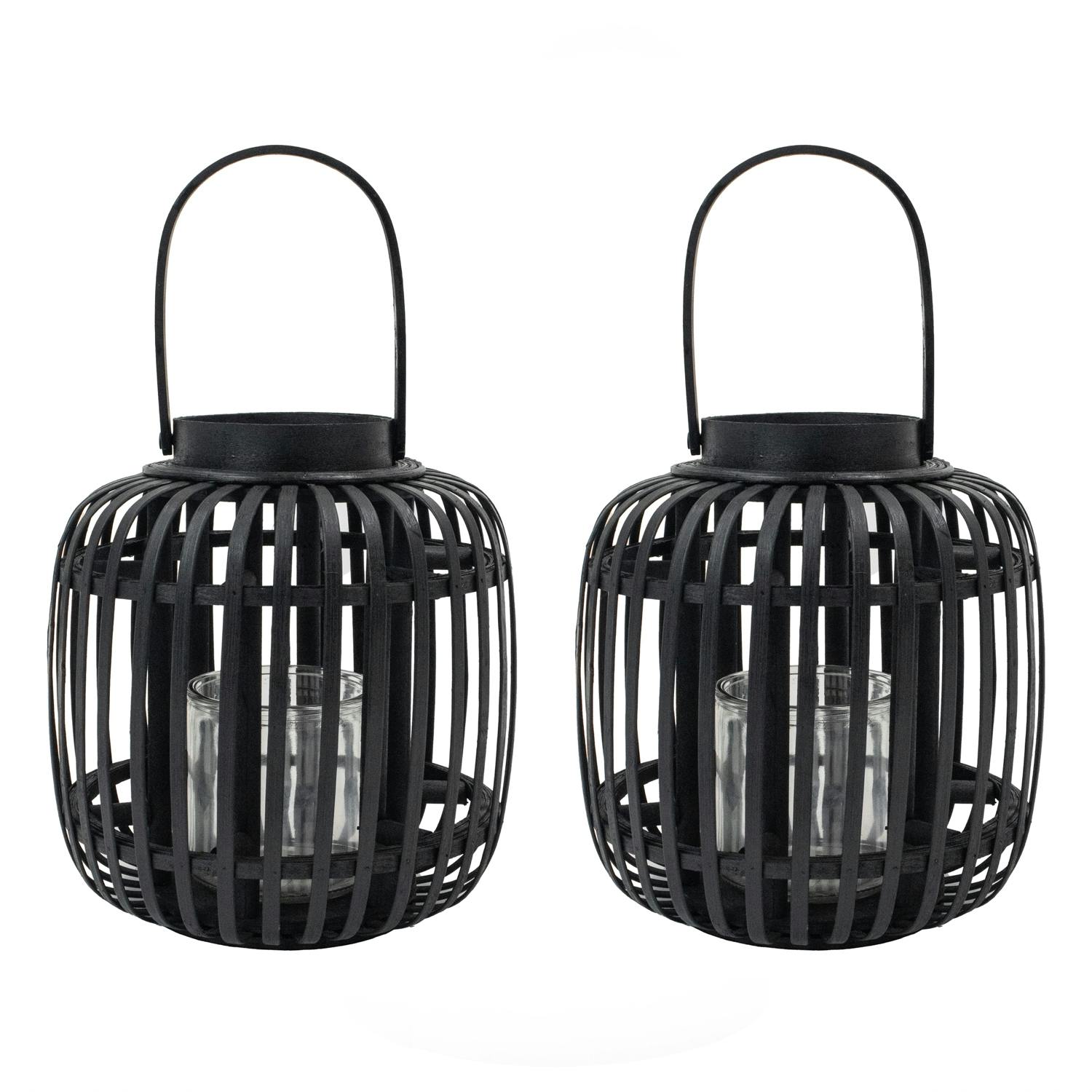 Rackhams Black Luna Set Of 2 Natural Bamboo Lantern With Handle,