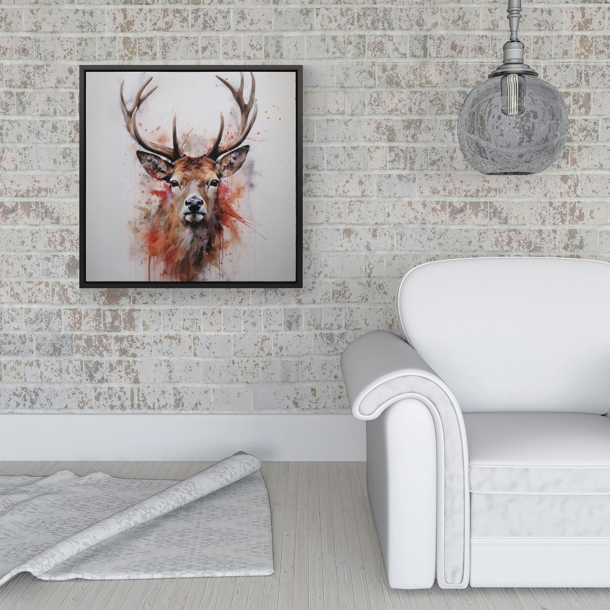 Warren Reed Black Watercolour Splash Art Stag Face Framed Canvas - 40" X 40"