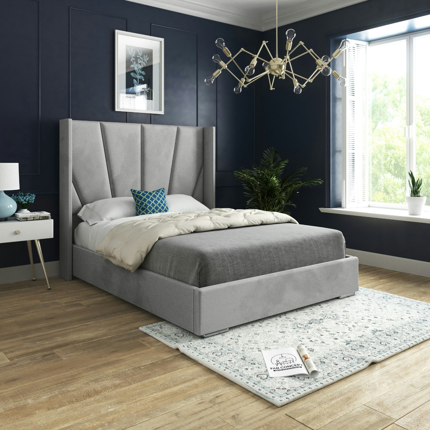 Casa Magna Grey Bellini Wide Curved Winged Upholstered Soft Velvet Bed Frame - Double