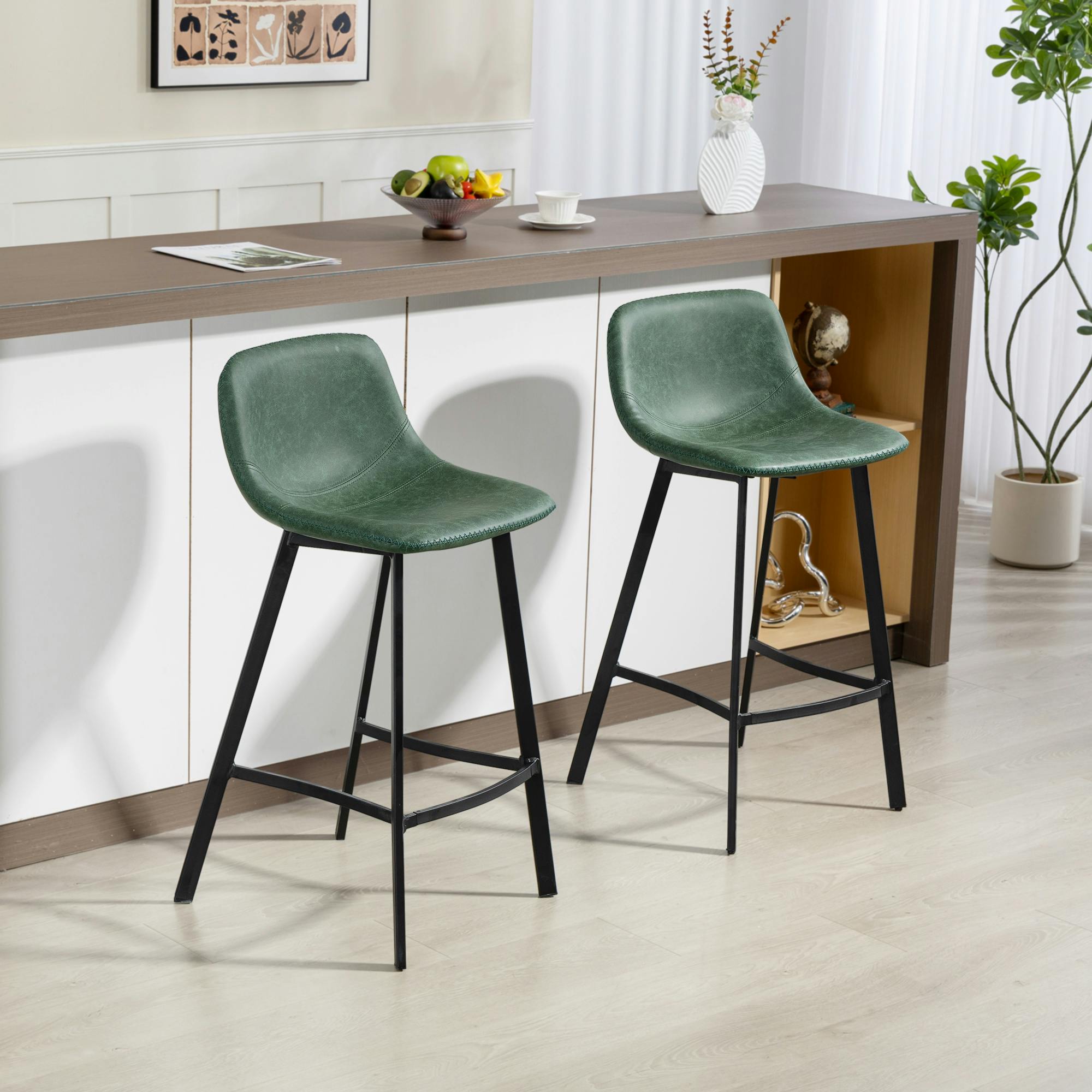 Rackhams Green Bar Stools Set Of 2, Bar Chairs With Back And Steel Legs, - Pu Leather, Steel, Sponge - 2