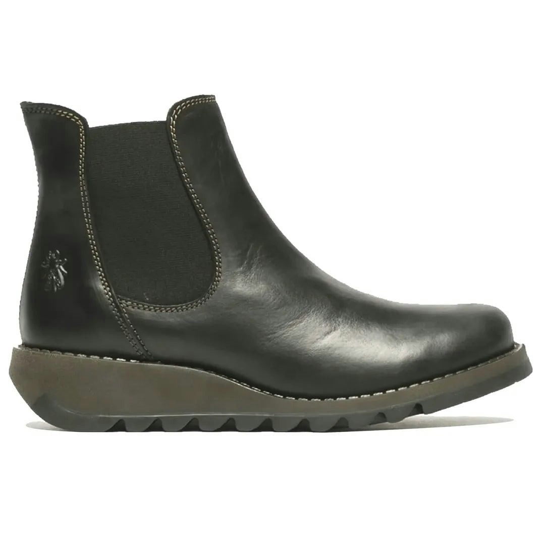 Fly London Women's Black Salv195 - Wedge Heel Leather Chelsea Ankle Boots - Uk 4