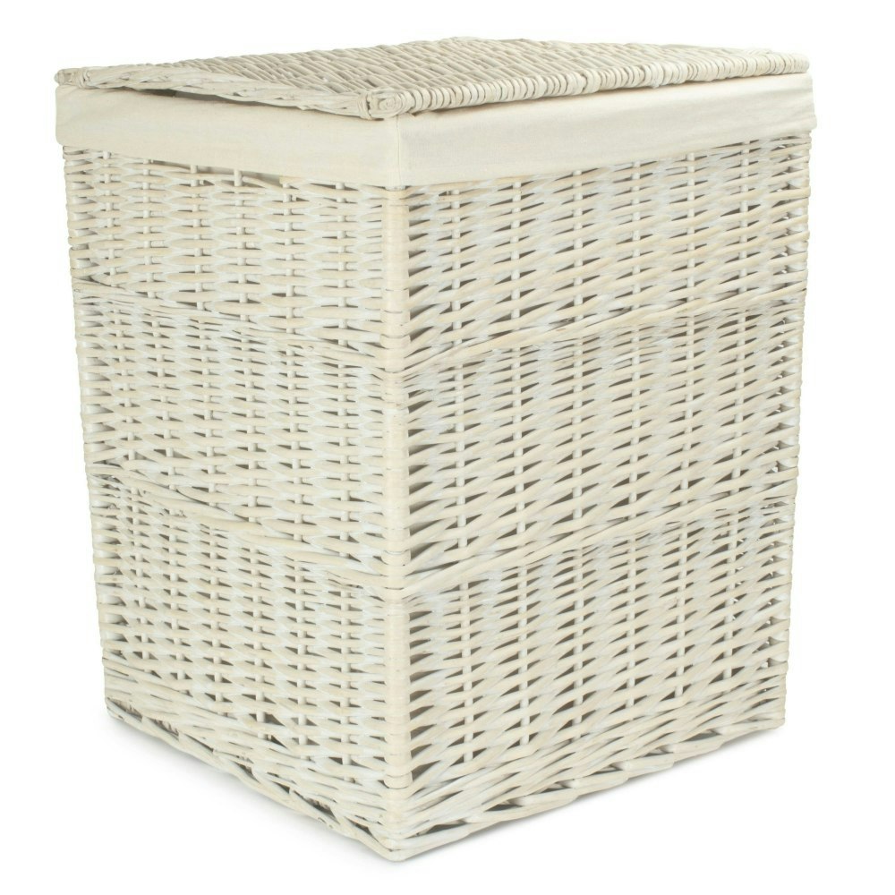 Rackhams White Large Square Wash Wicker Laundry Basket With Cotton Lining