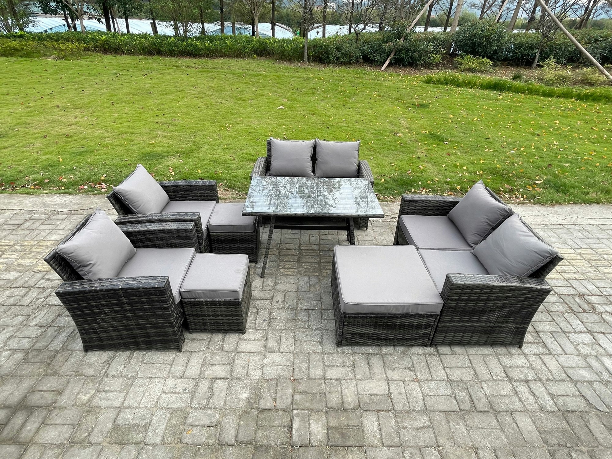 Fimous Dark/Grey Garden Furniture Sets 8 Pieces Wicker Rattan Furniture Manual Wicker Patio Sofa Patio Conversation Set With 3 Footstools Mixed