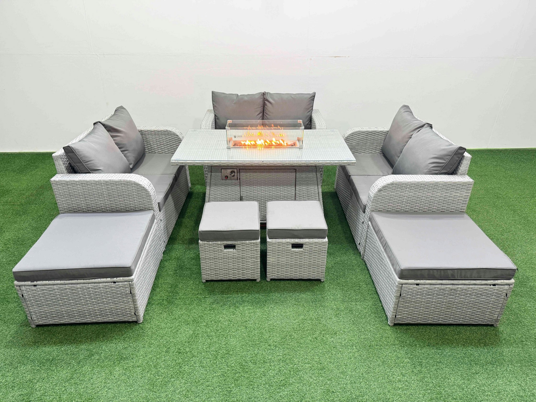 Fimous Light/Grey Pe Rattan Lounge Sofa Set 10 Seater Outdoor Garden Furniture Set With Gas Fire Pit Table Love Sofa 2 Big Footstools