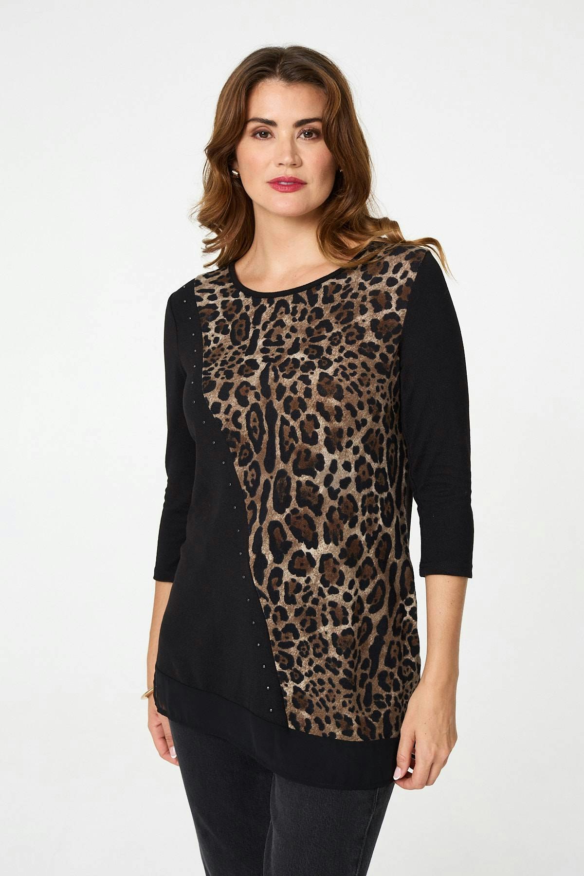Izabel London Black Animal Print Asymmetric Tunic Top - 12
