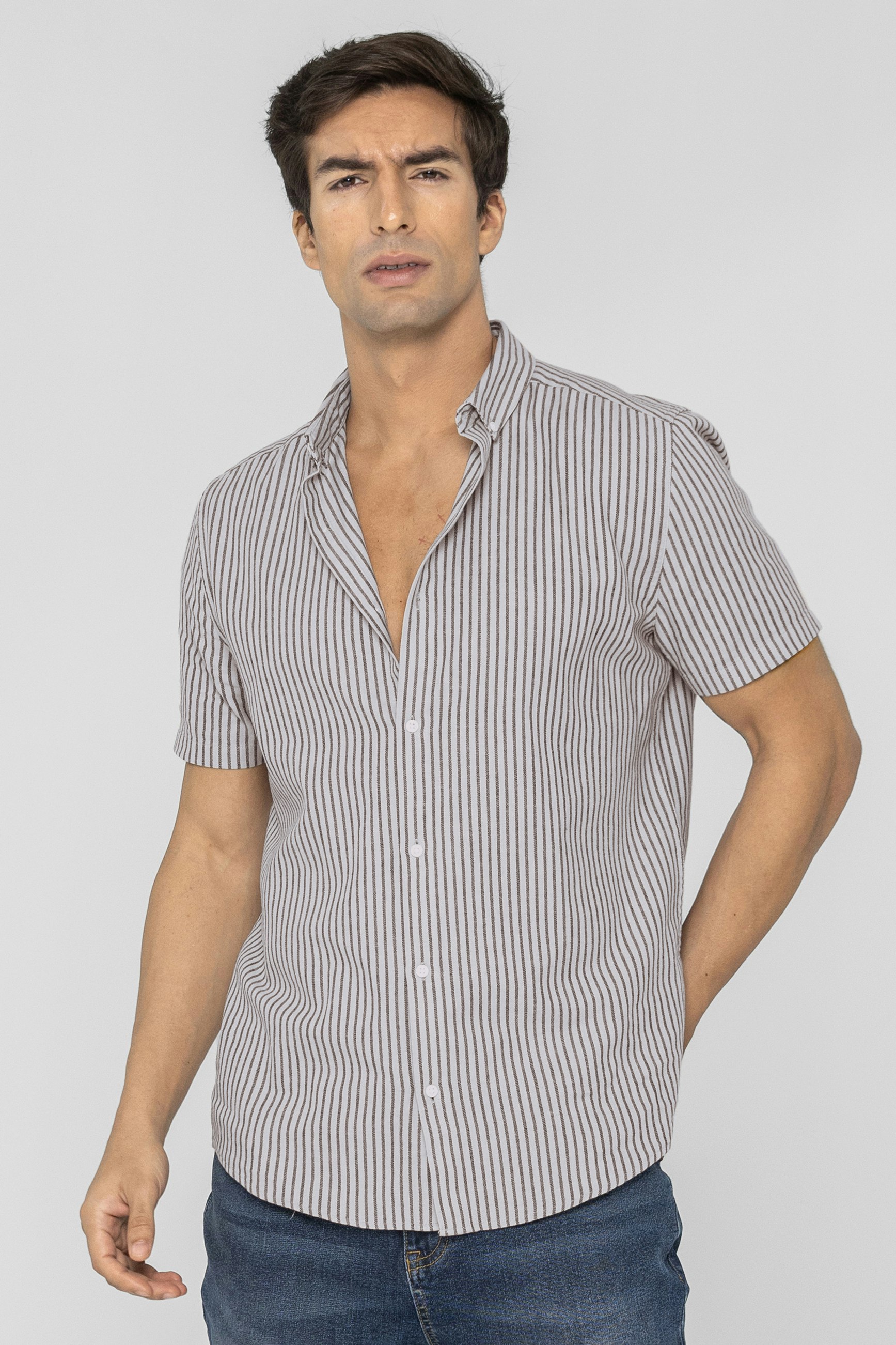 Enorsia Men's Grey Stripe Short Sleeve Shirt - Xxl - 70% Cotton, 30% Linen