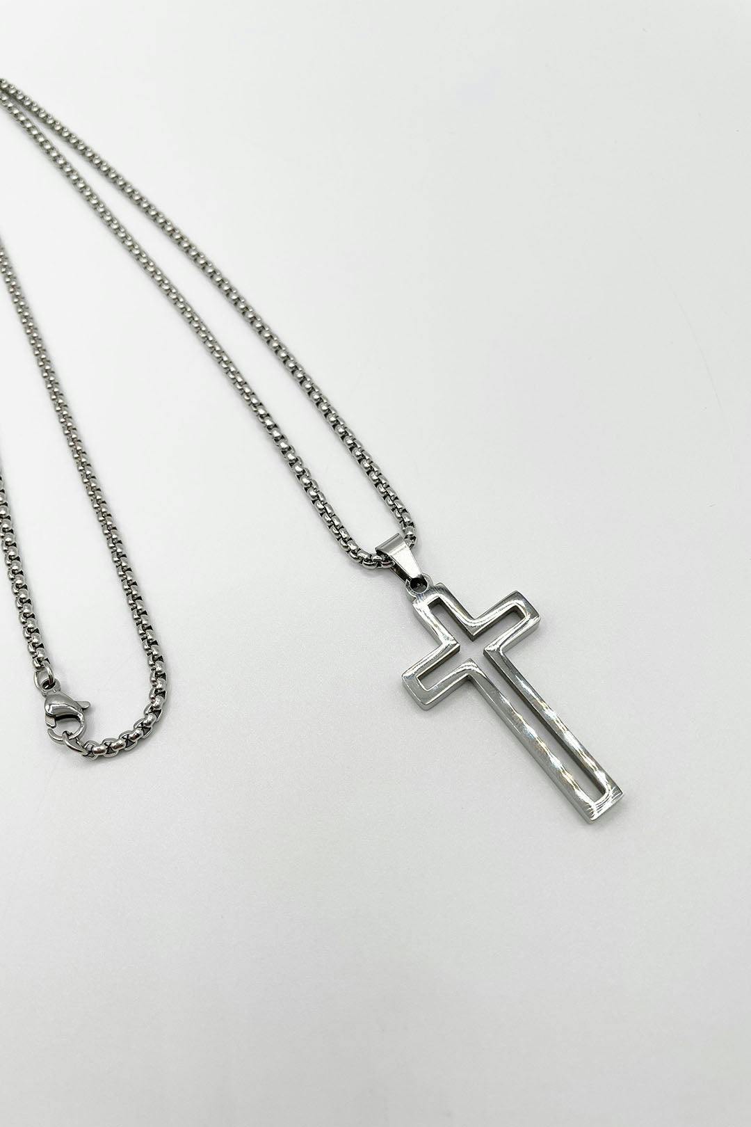 Svnx Silver Hollow Cross Pendant Necklace In
