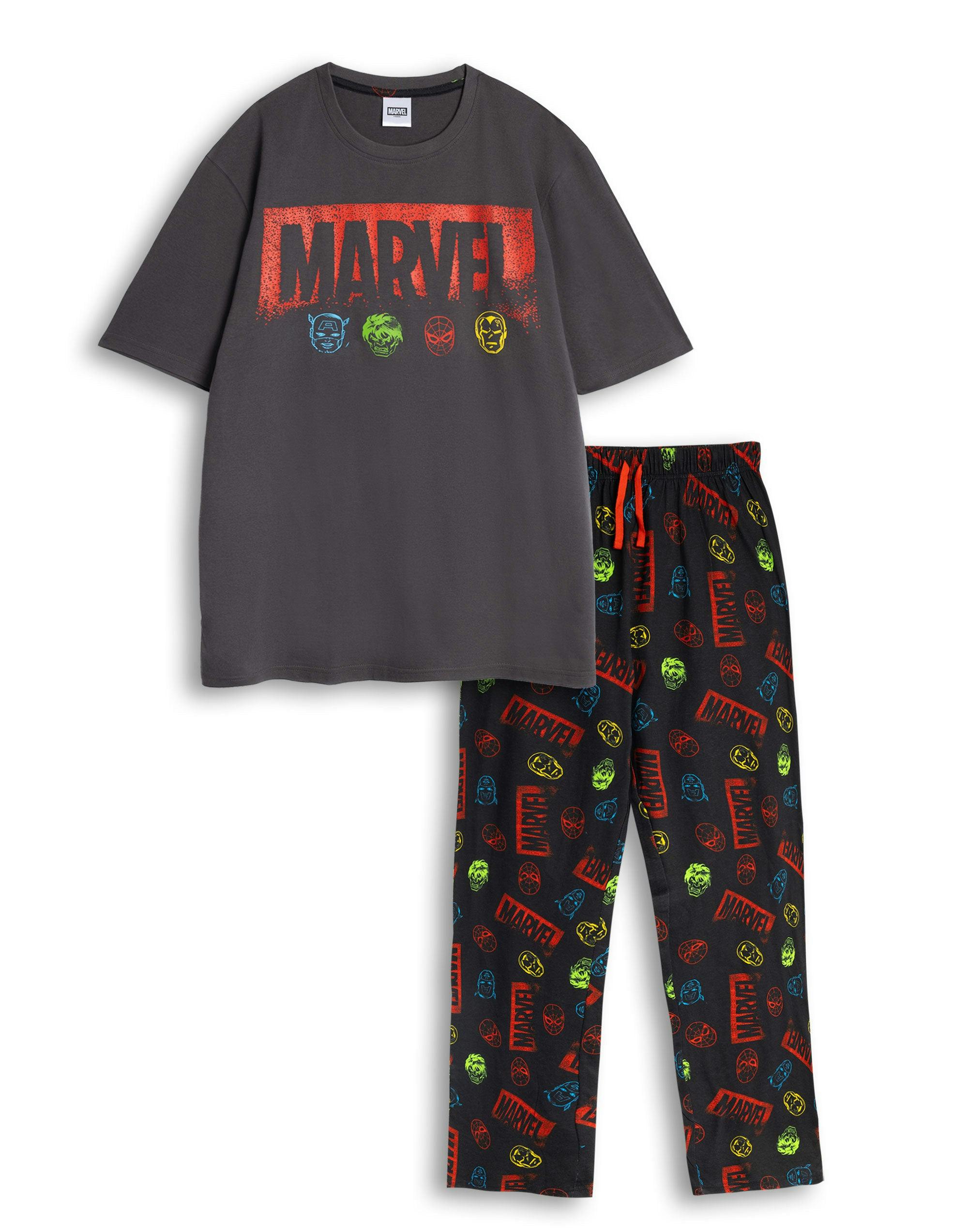 Vanilla Underground Men's Black Marvel Multicoloured Avengers Short Sleeve Long Leg Pyjama Set - Small