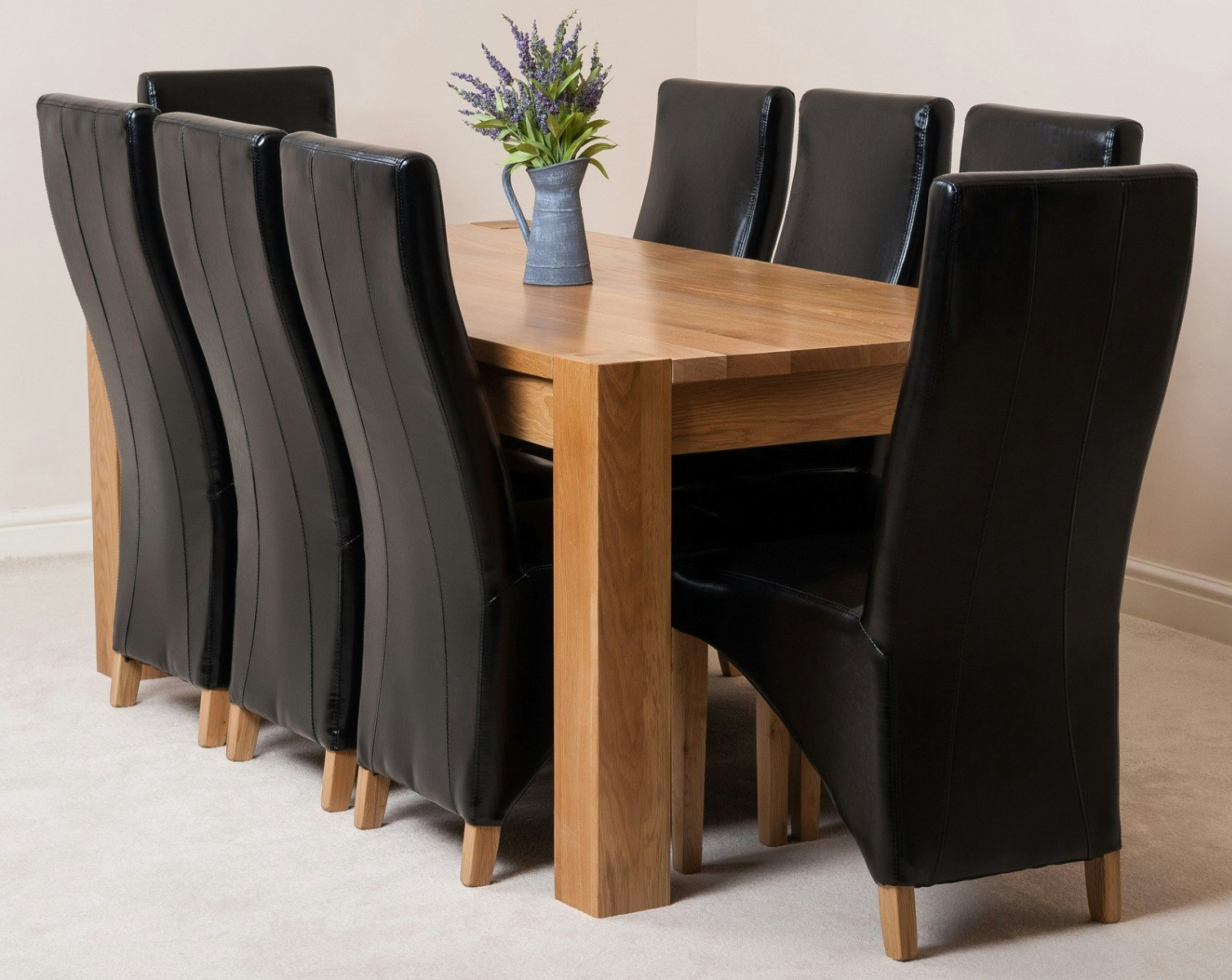 That's Furniture Black Kuba Large Oak Dining Table With Lola Leather Chairs - 8 Chairs