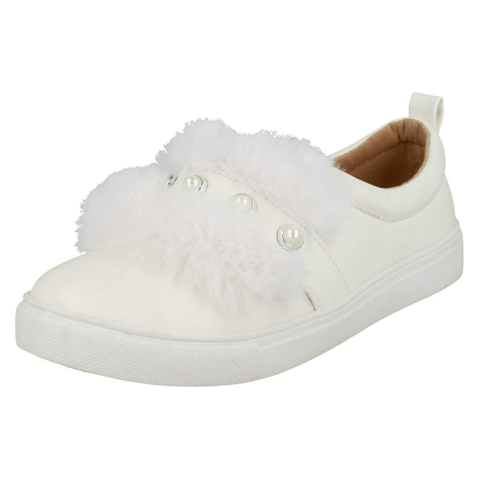 Spot On Girls White Faux Pearl Strap Fur Trim Shoes - Uk 2 Child