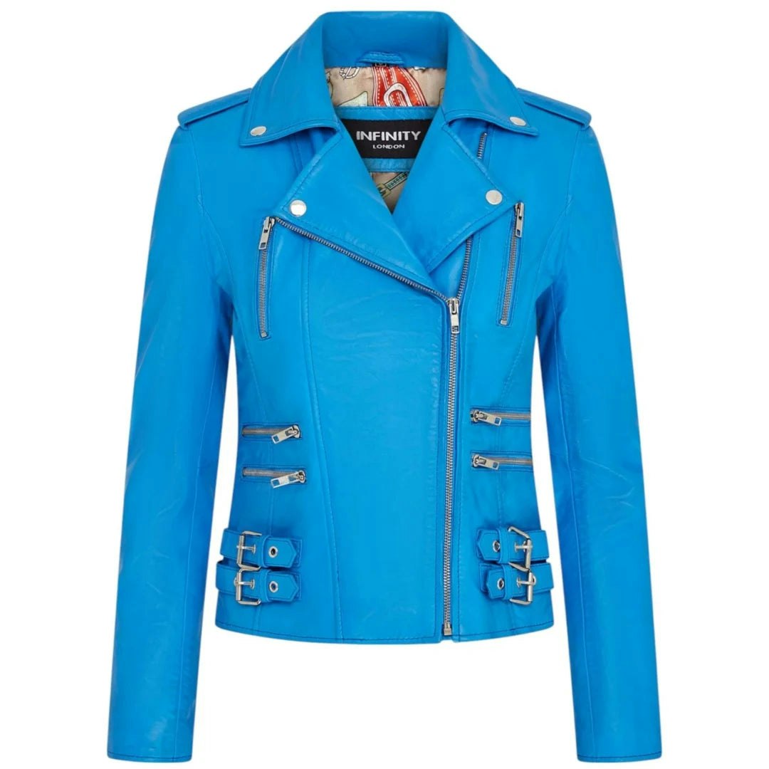 Infinity Leather Women's Blue Leather Company Real Lamb Nappa Leather Vintage Biker Jacket - Uk 20