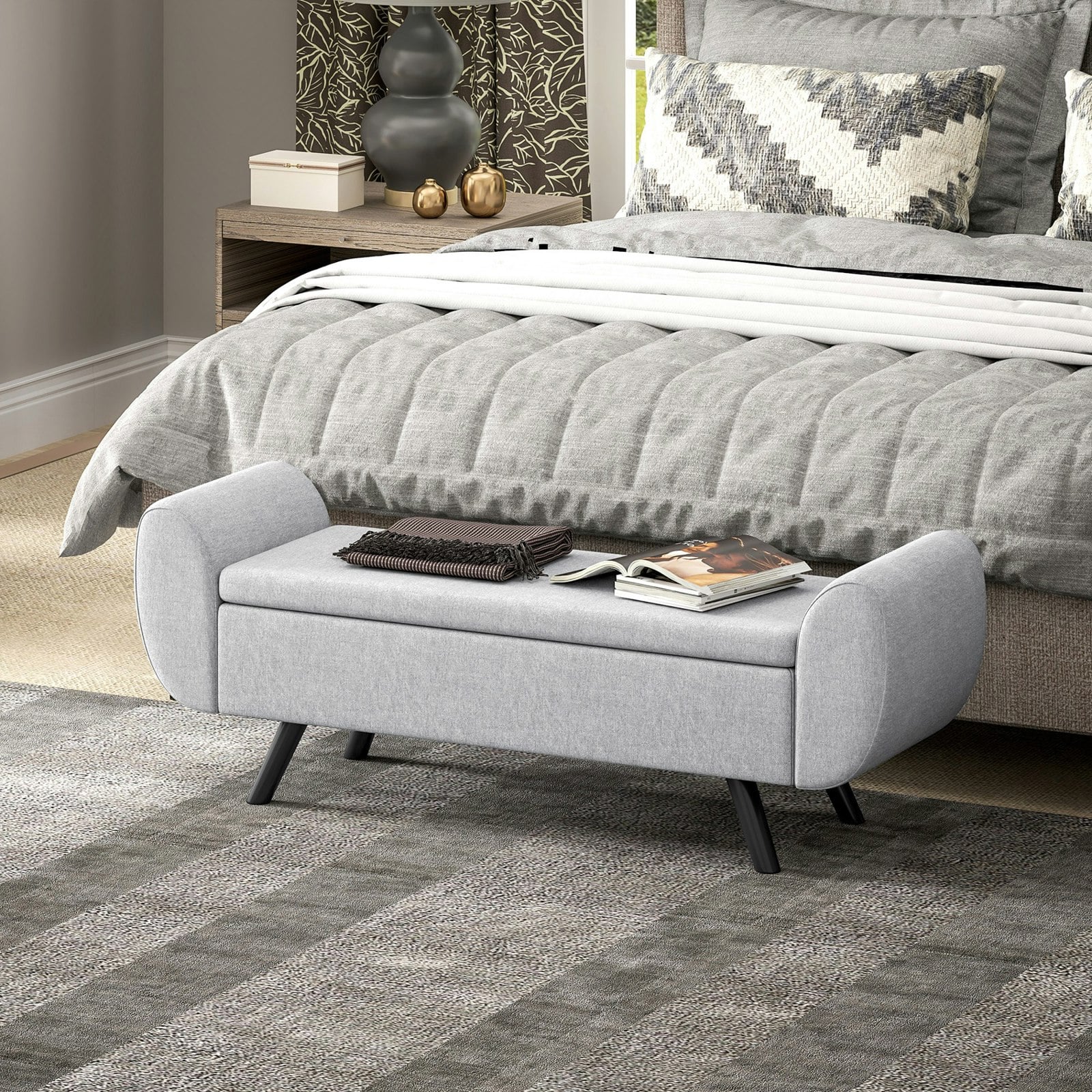 Rackhams Light/Grey Storage Ottoman With Armrest, Upholstered Linen Storage Bench - 1 - Storage Ottoman