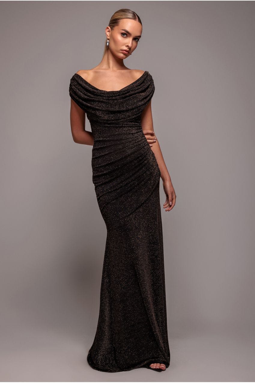 Goddiva Black/Gold Sparkle Lurex Cowl Neck Off The Shoulder Maxi Dress - By - 10