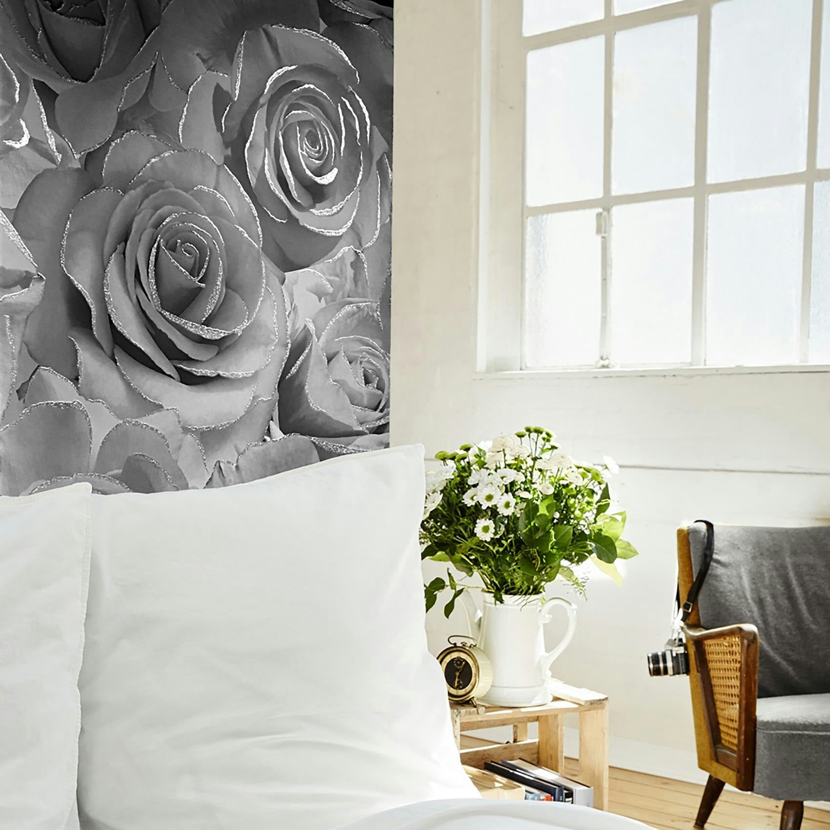 Muriva Silver Madison Glitter Wallpaper Roll Floral