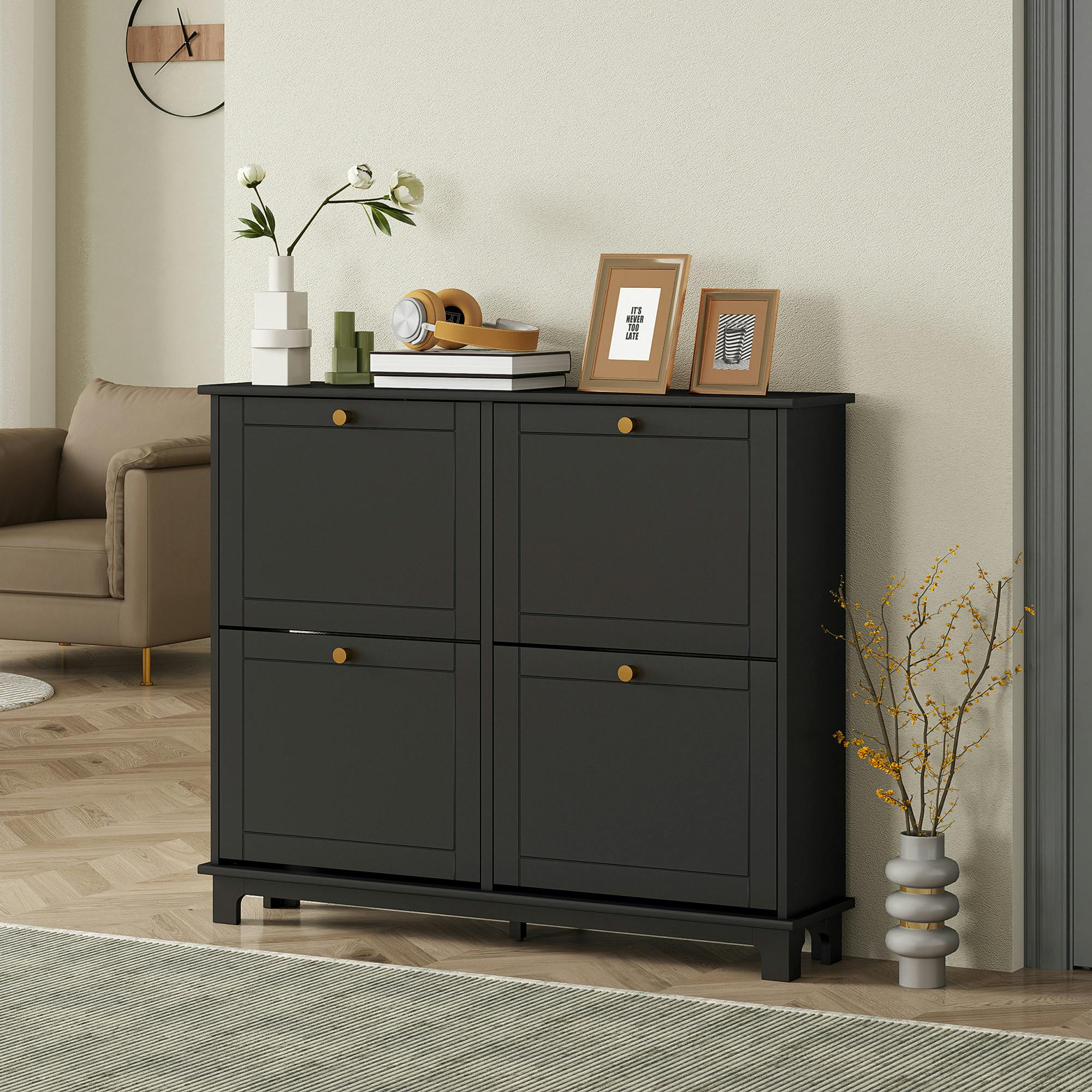 Homcom Black Narrow Shoe Cabinet With 4 Flip Drawers Adjustable Shelves,