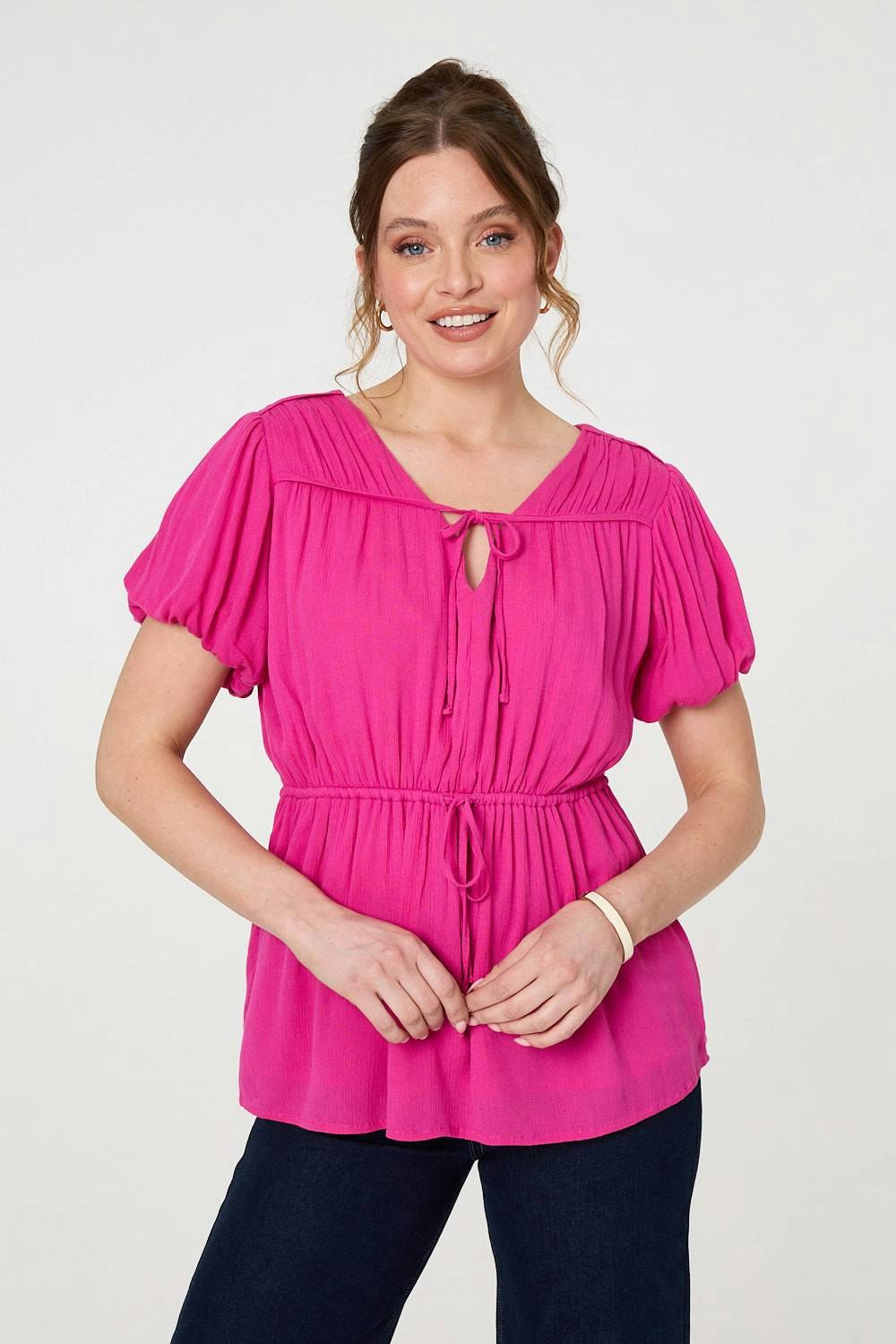 Izabel London Pink Ruched Short Puff Sleeve Peplum Blouse - 16