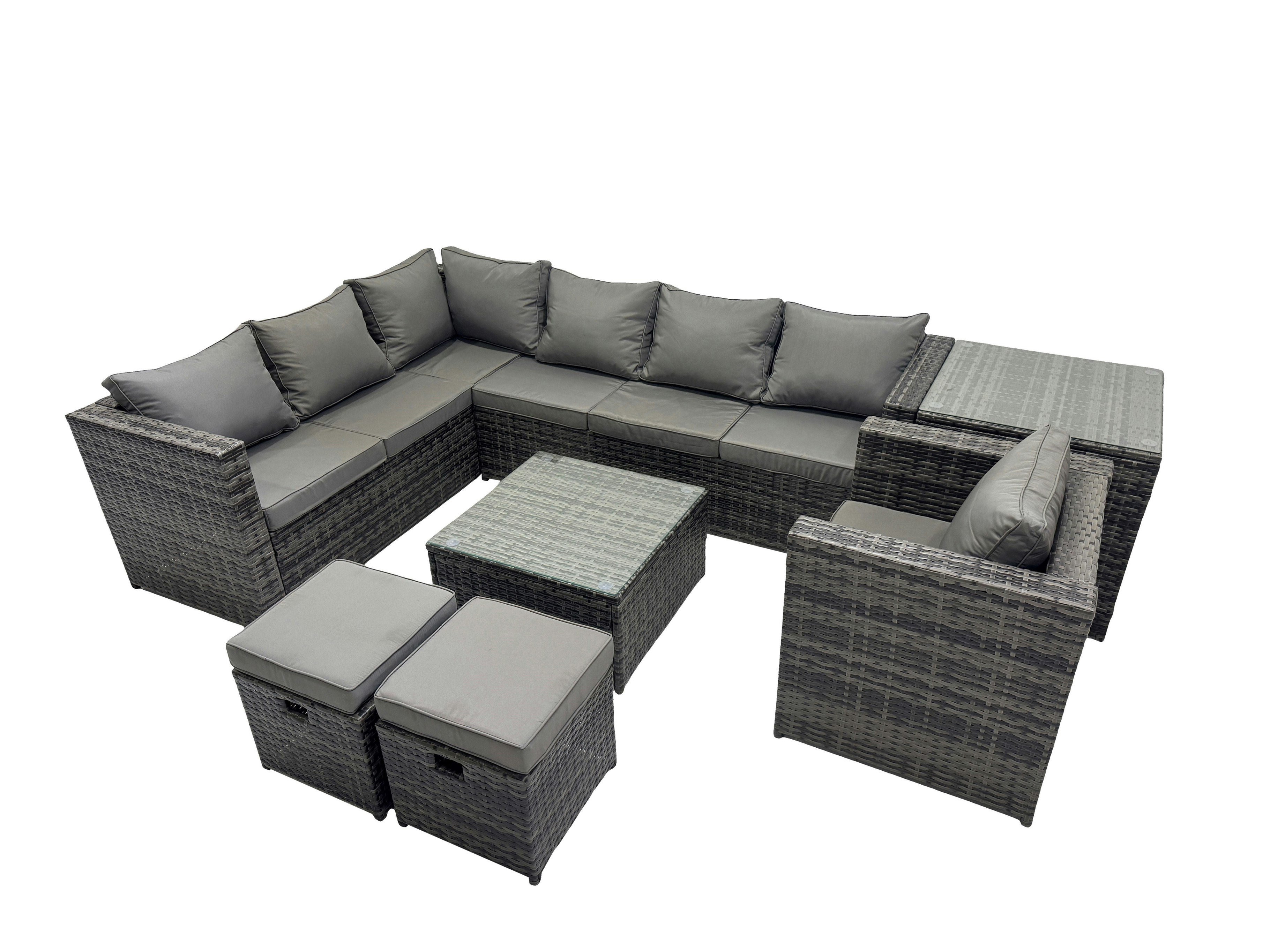 Fimous Dark/Grey Rattan Garden Furniture Patio Furniture Sets With Corner Sofa Chair Square Coffee Table Side Table 2 Small Footstools Mixed
